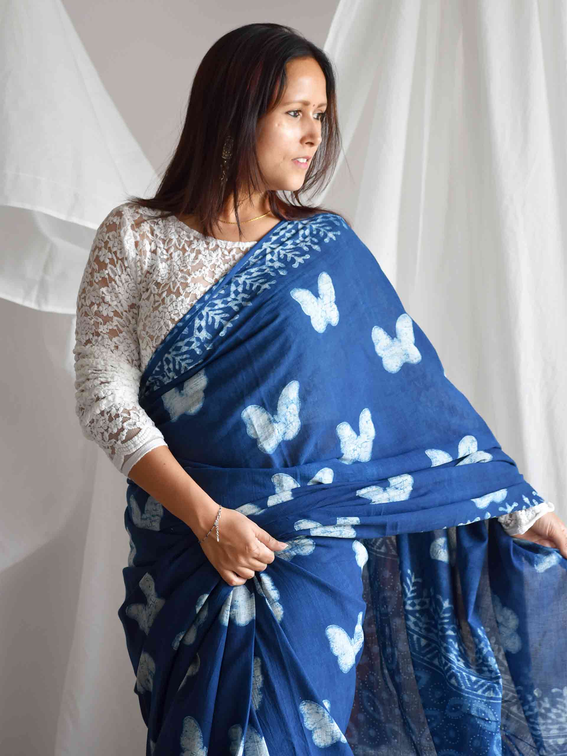 Titli Indigo Mul Cotton Saree