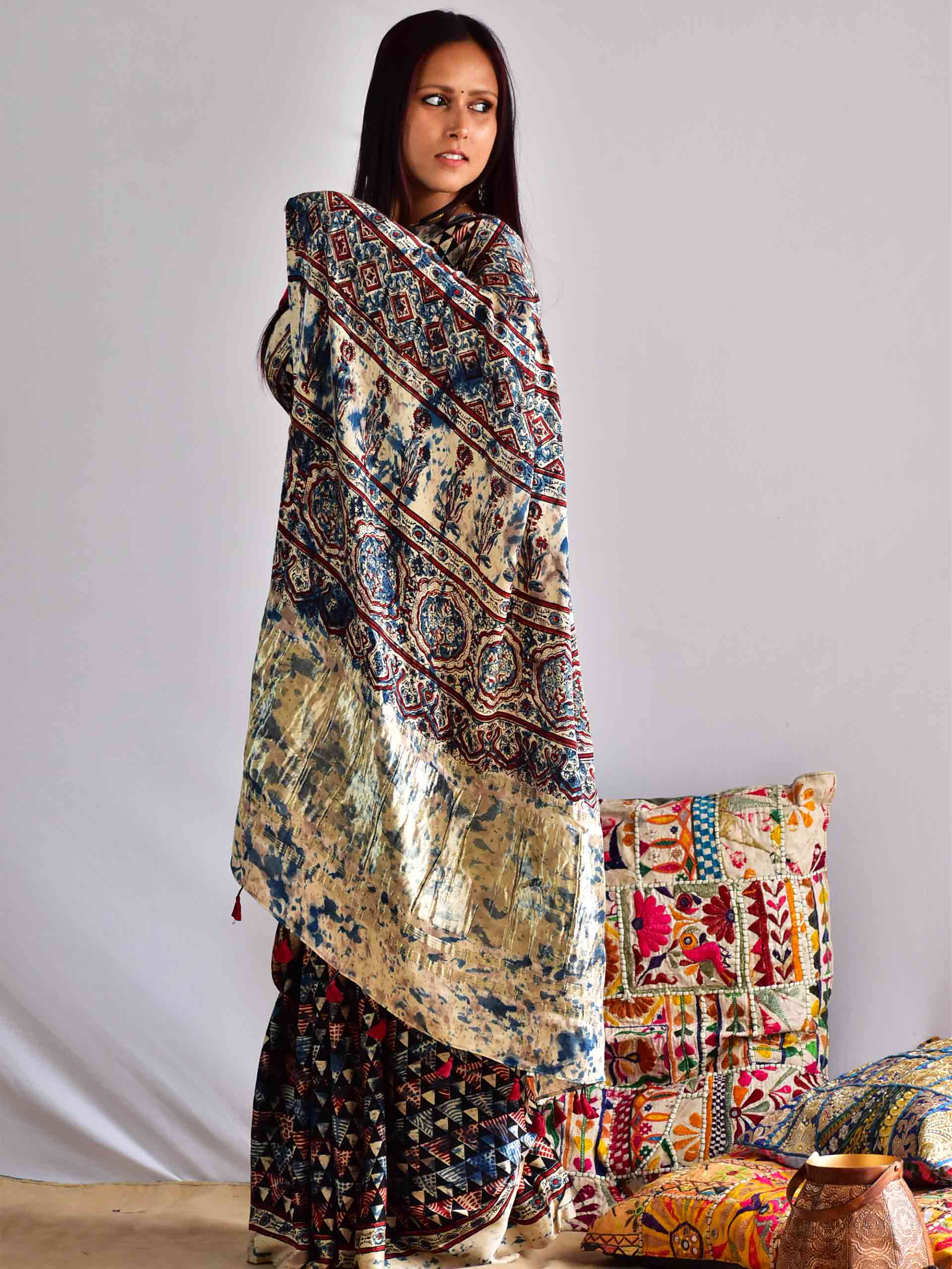 pyramids - Ajrakh modal Silk Saree with zari pallu