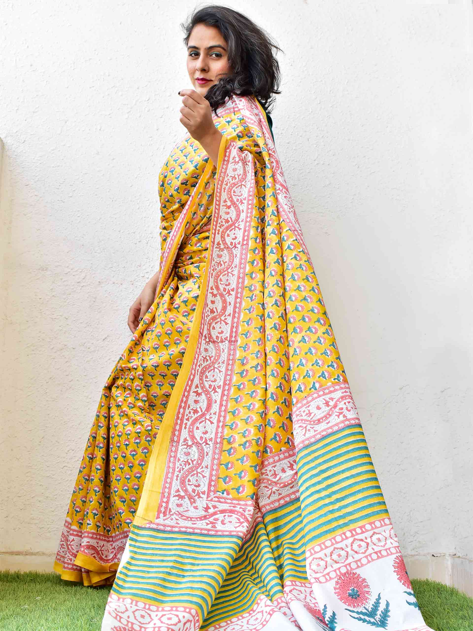 Dabu hand block printed cotton saree