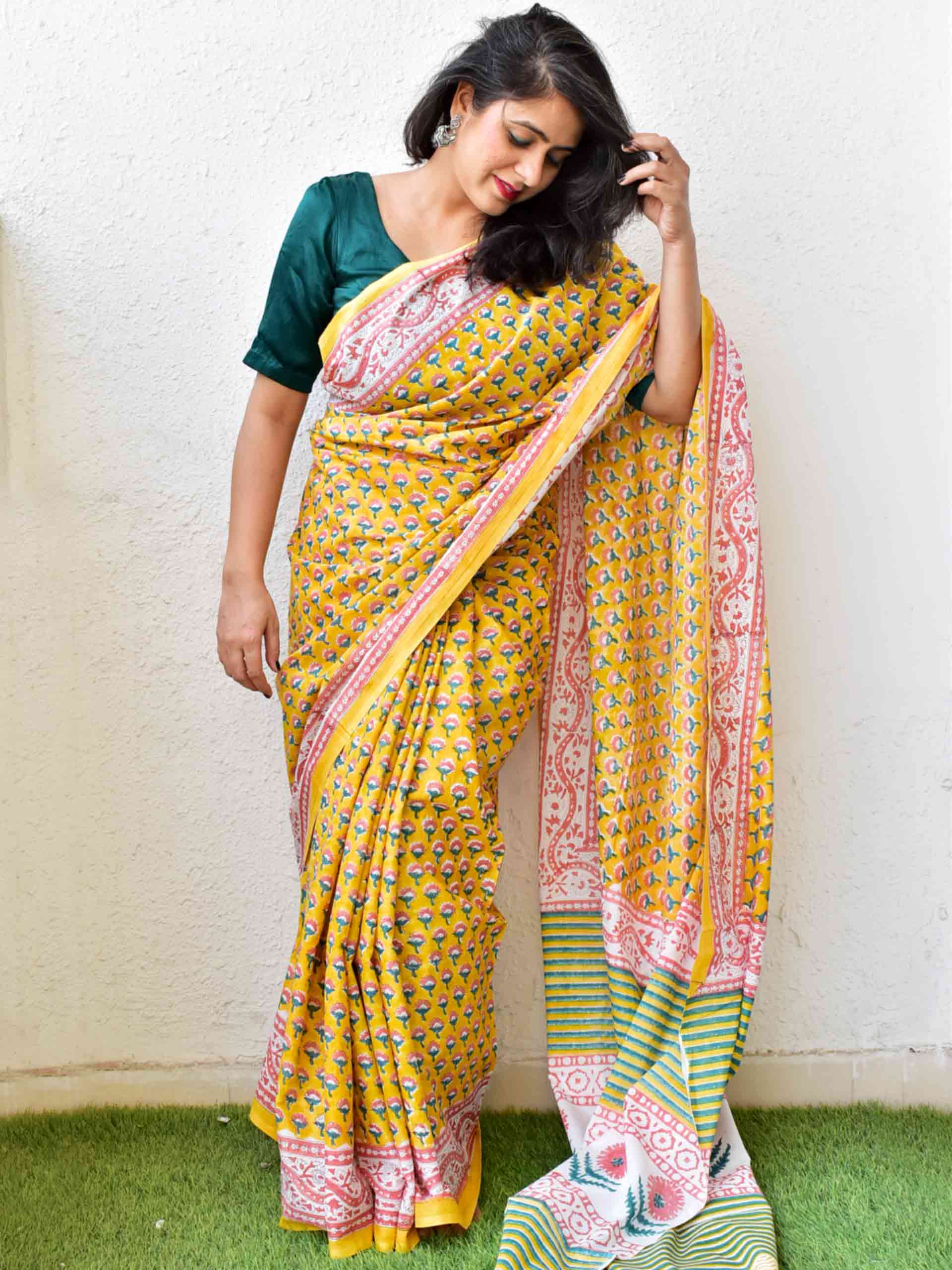 Dabu hand block printed cotton saree