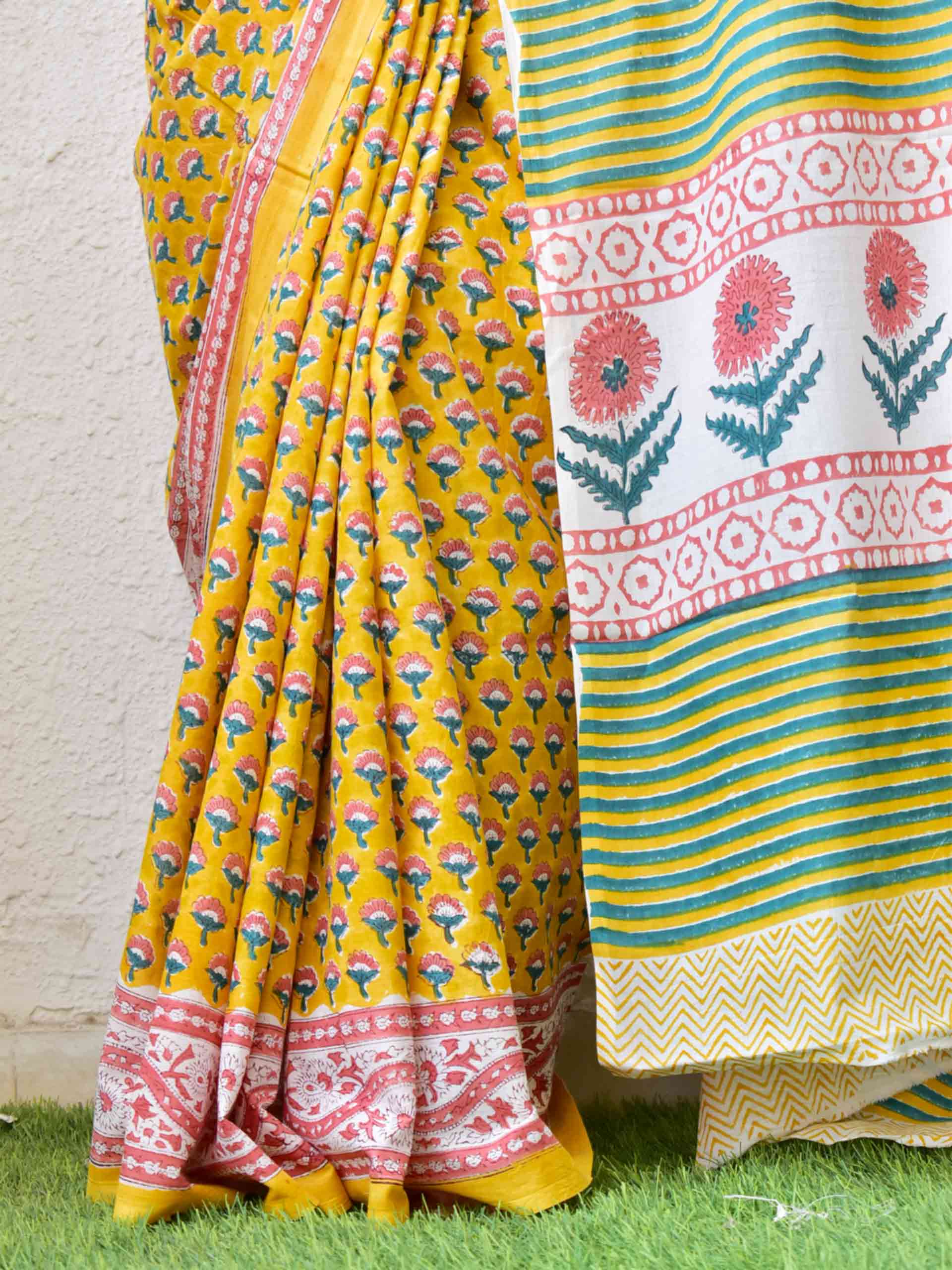 Dabu hand block printed cotton saree