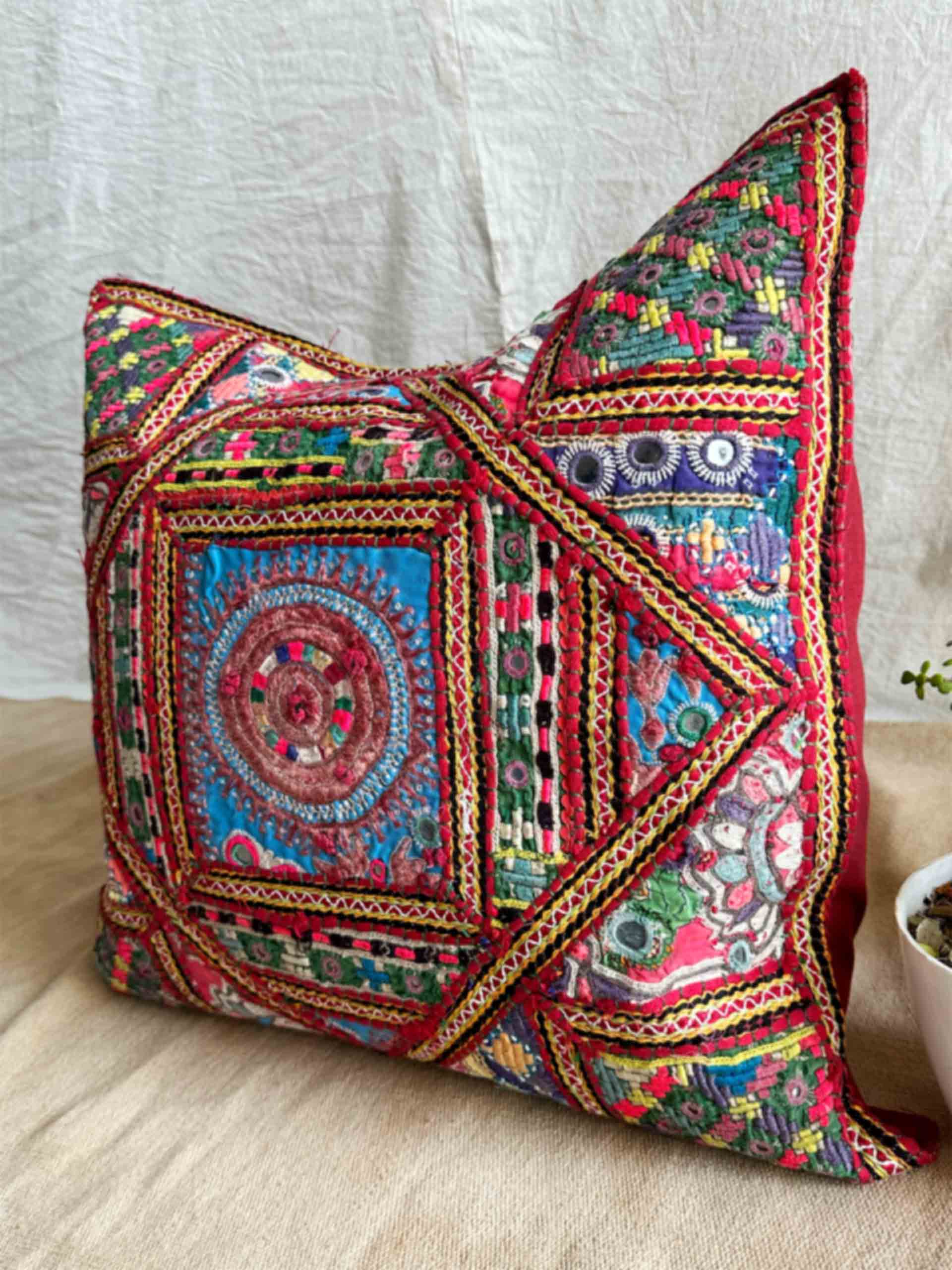 Pushp - hand embroidered mirror work cushion cover 18X18