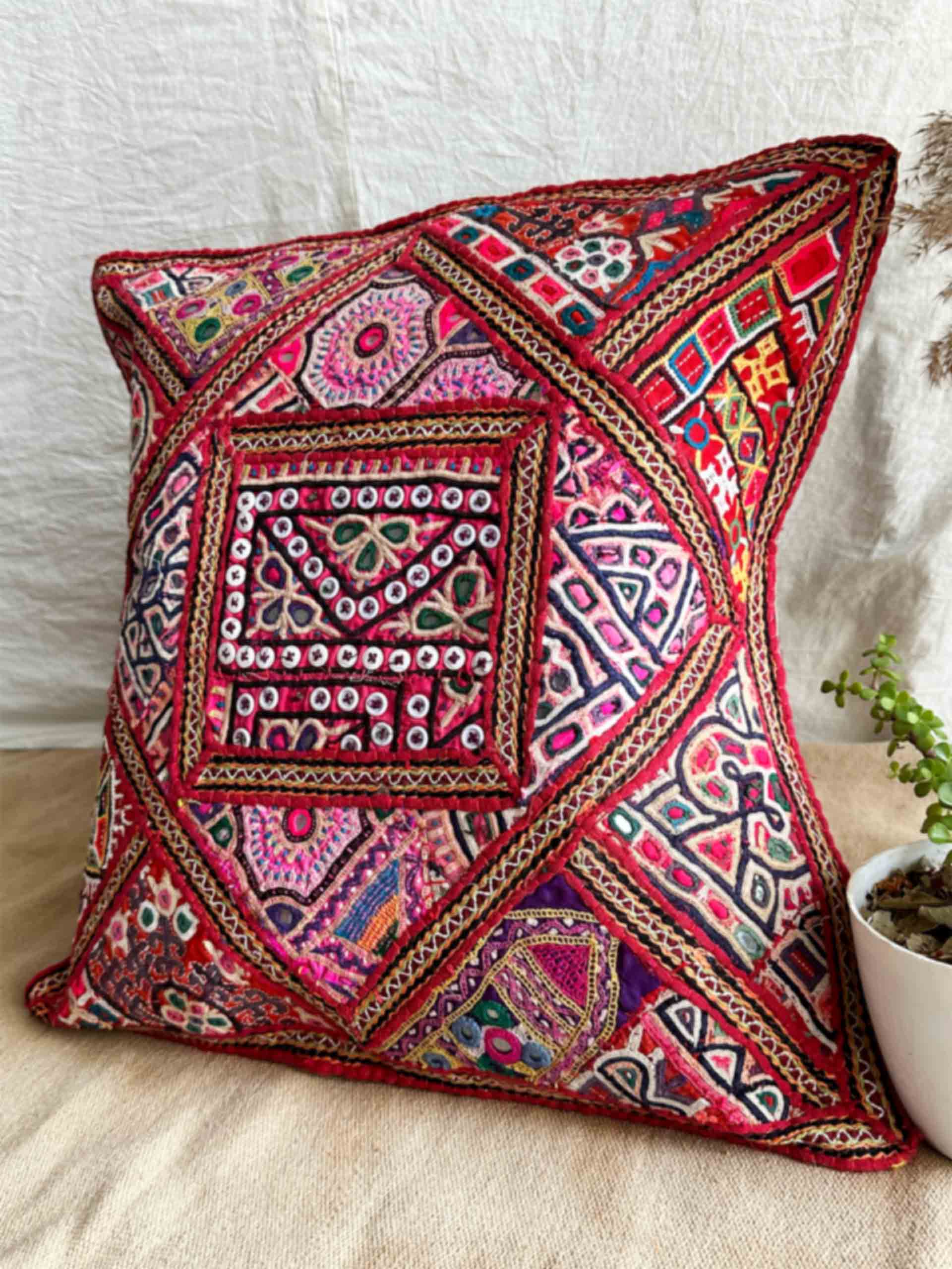 suman - hand embroidered mirror work cushion cover 18X18