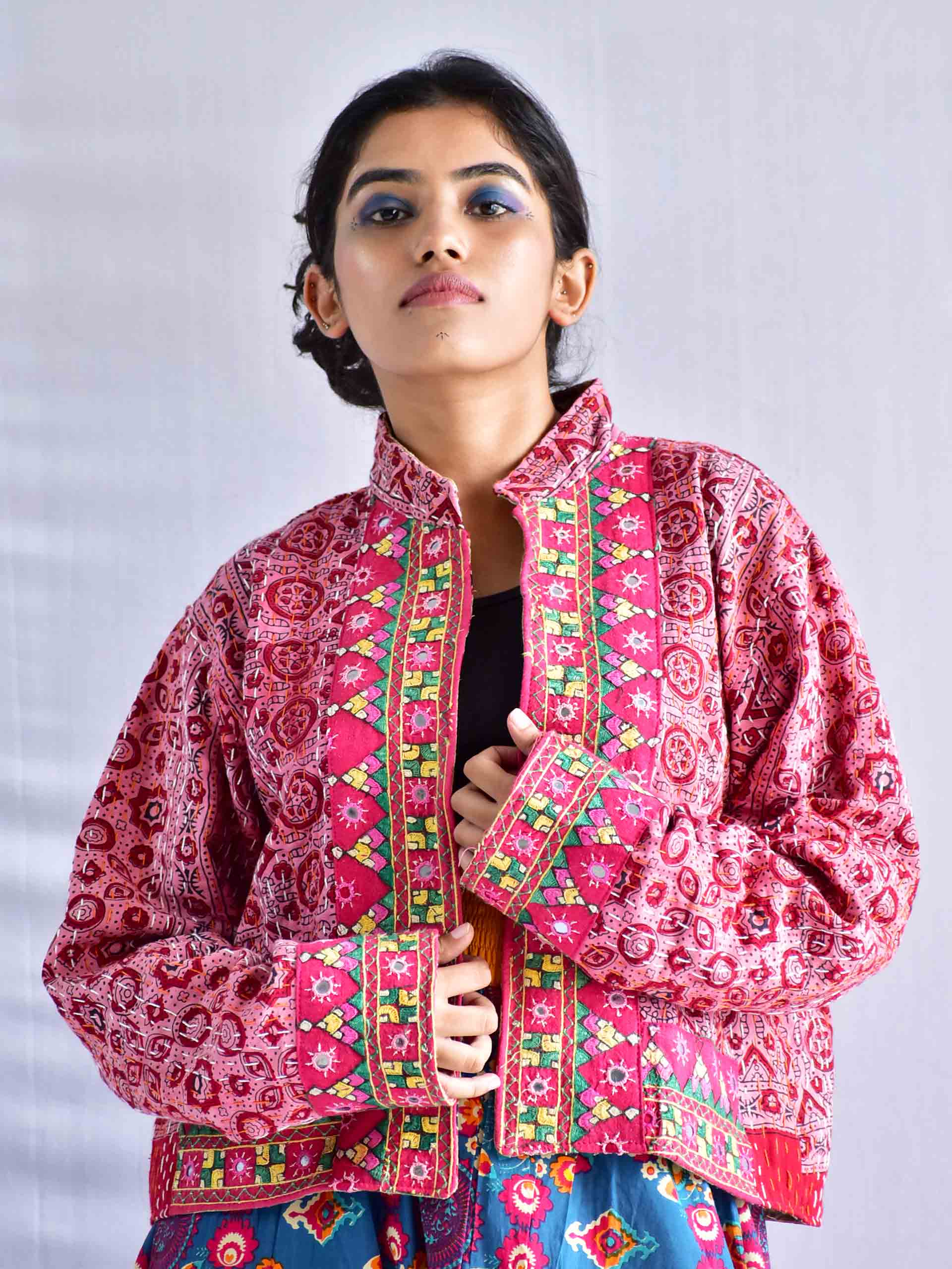 Mridang - mirror work hand embroidered and kantha Reversible jacket