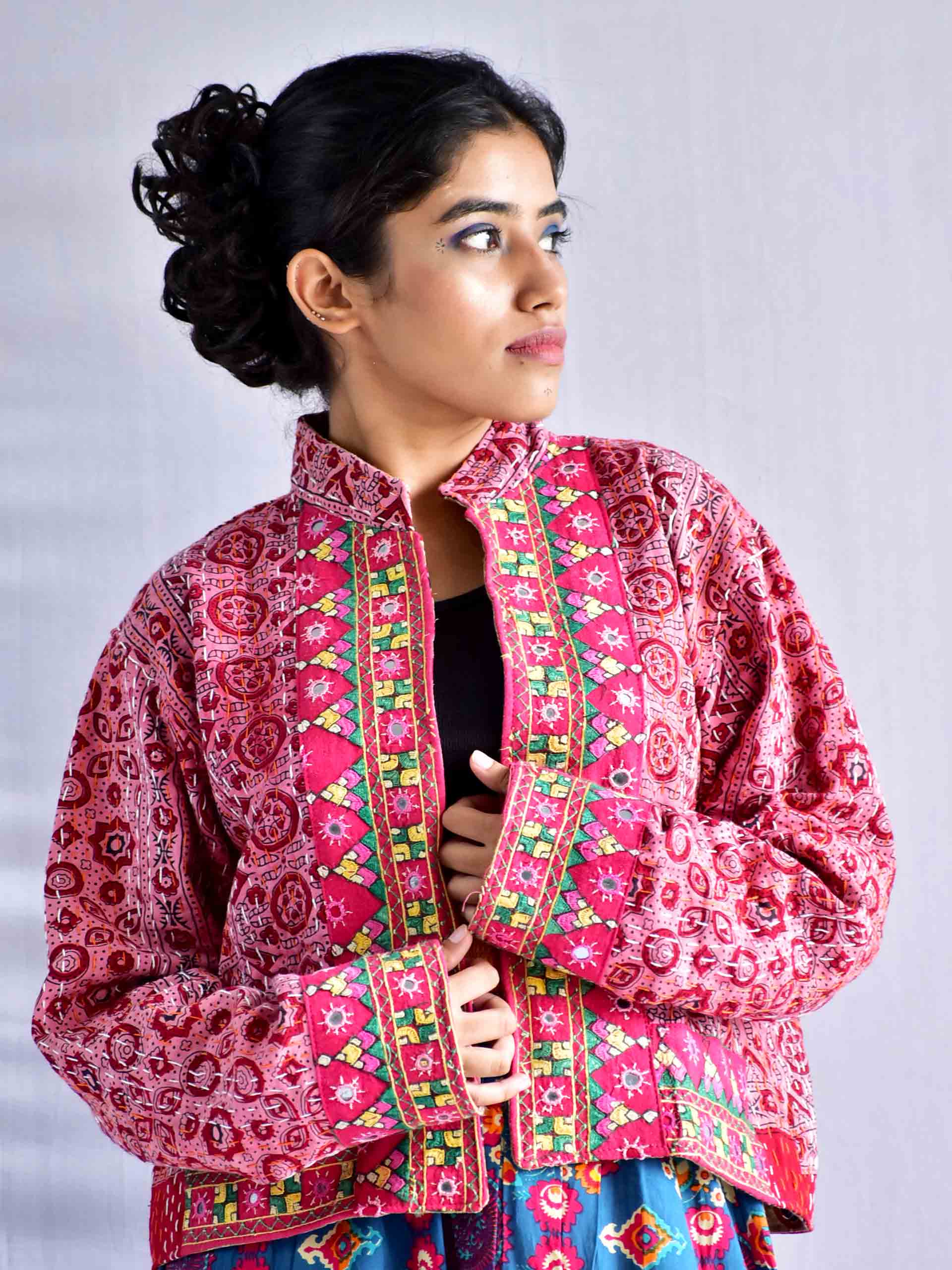 Mridang - mirror work hand embroidered and kantha Reversible jacket