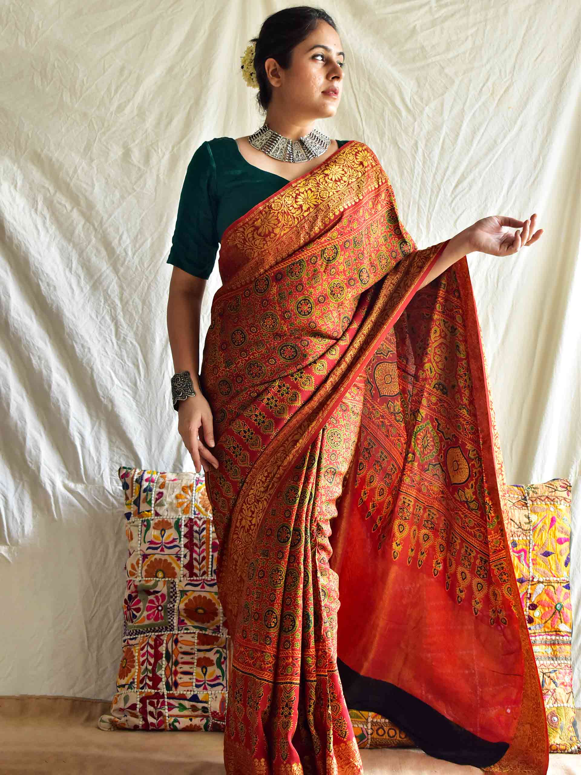 Jalebi - Ajrakh hand block printed Dola Silk zari border Saree