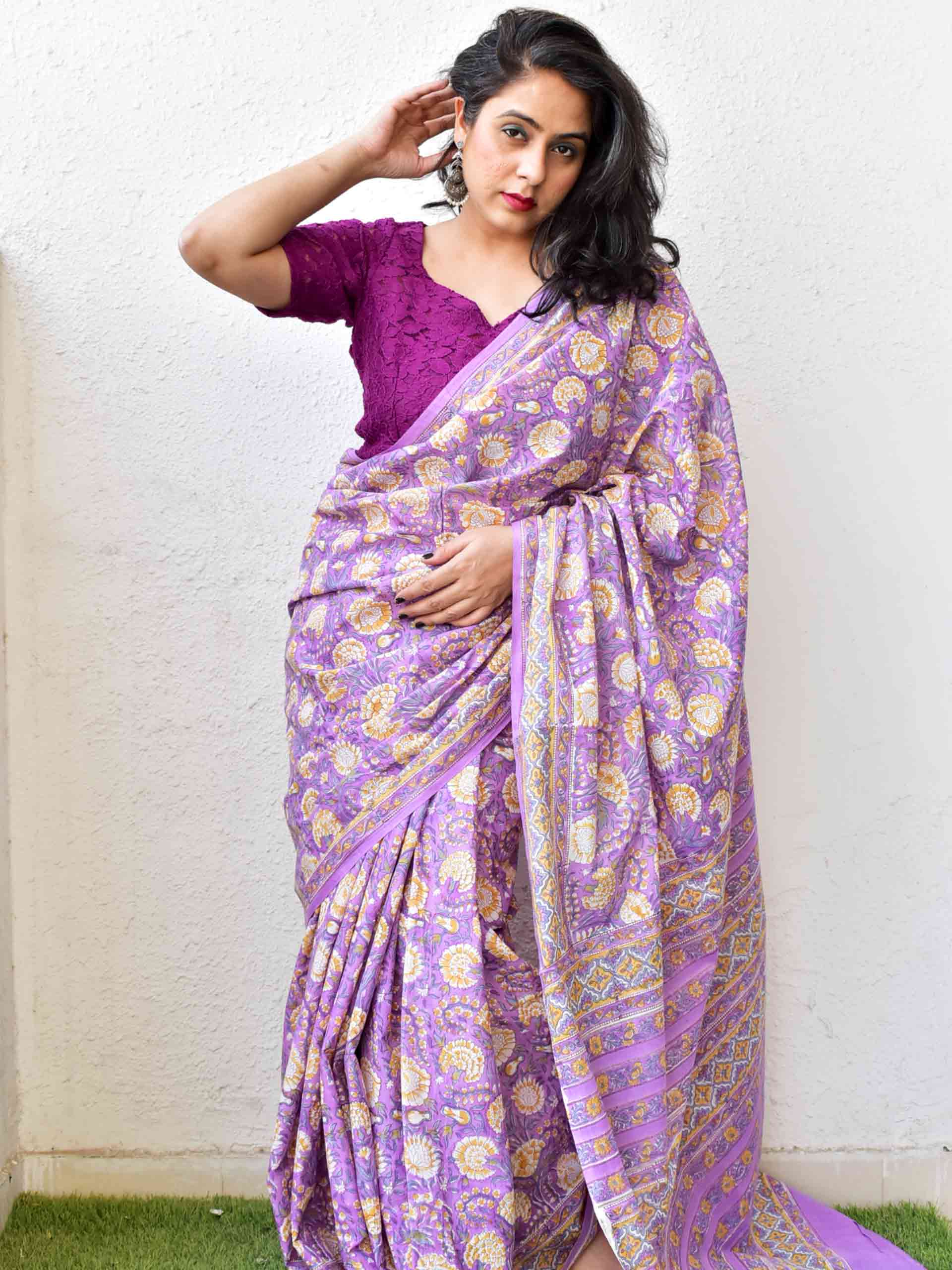 Dabu hand block printed cotton saree