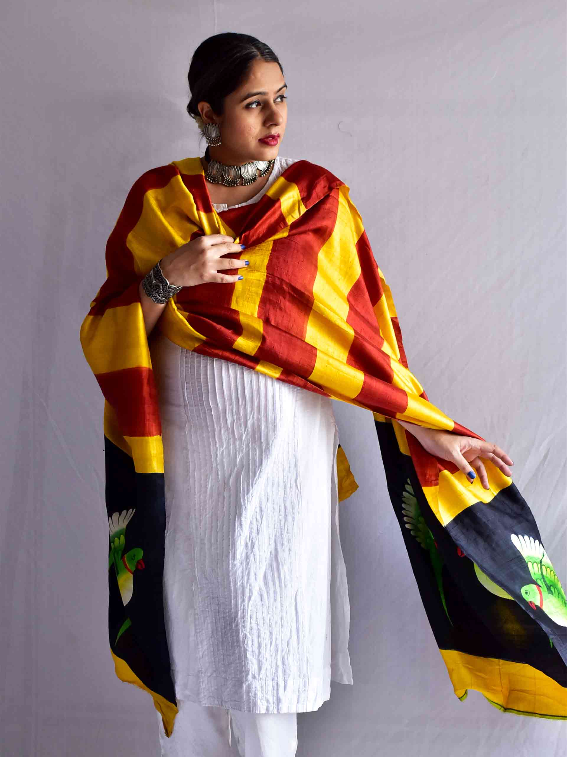 Birdie - Hand painted mulberry silk Dupatta