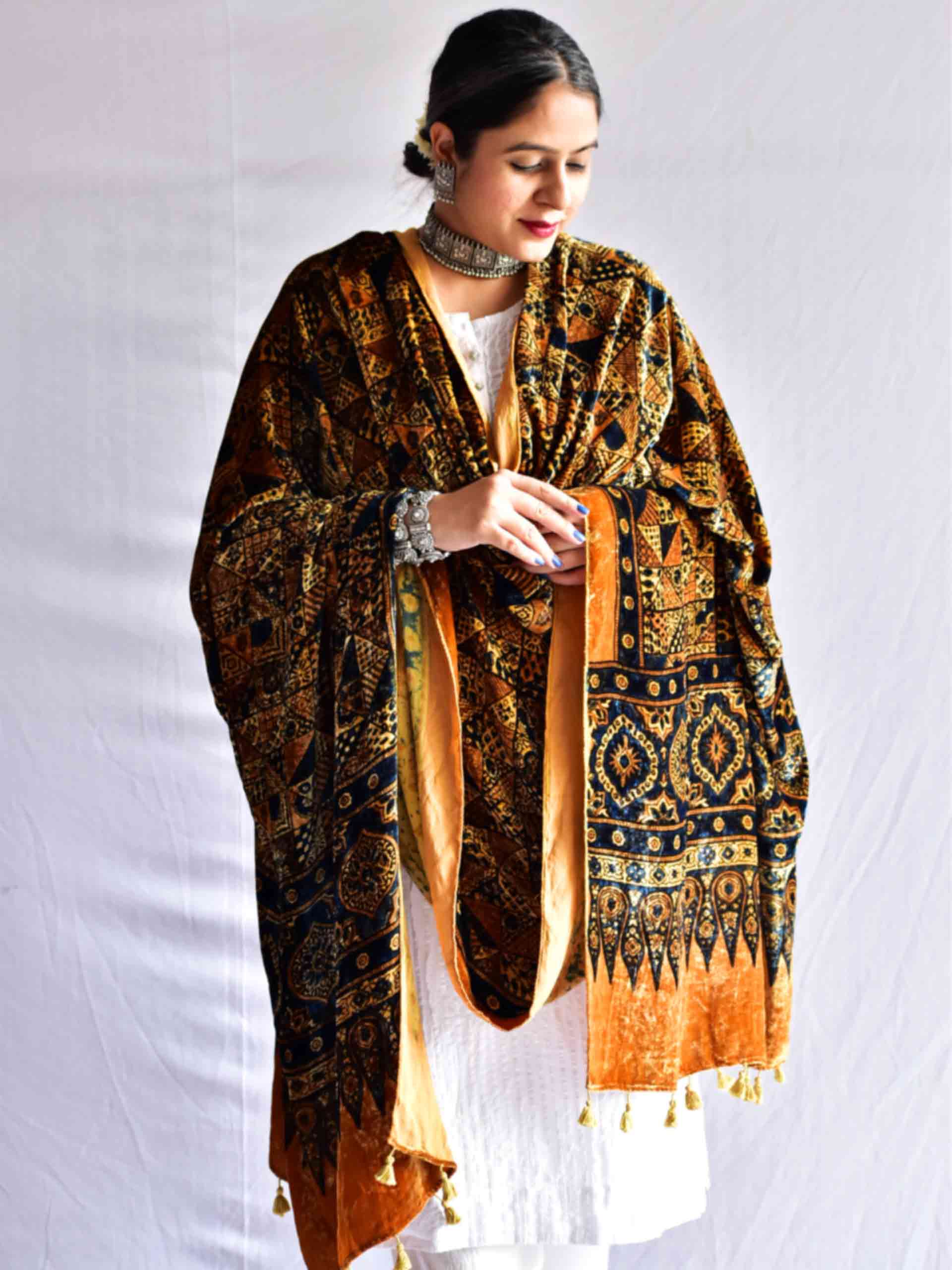 Sunshine - Ajrakh Silk Velvet Dupatta