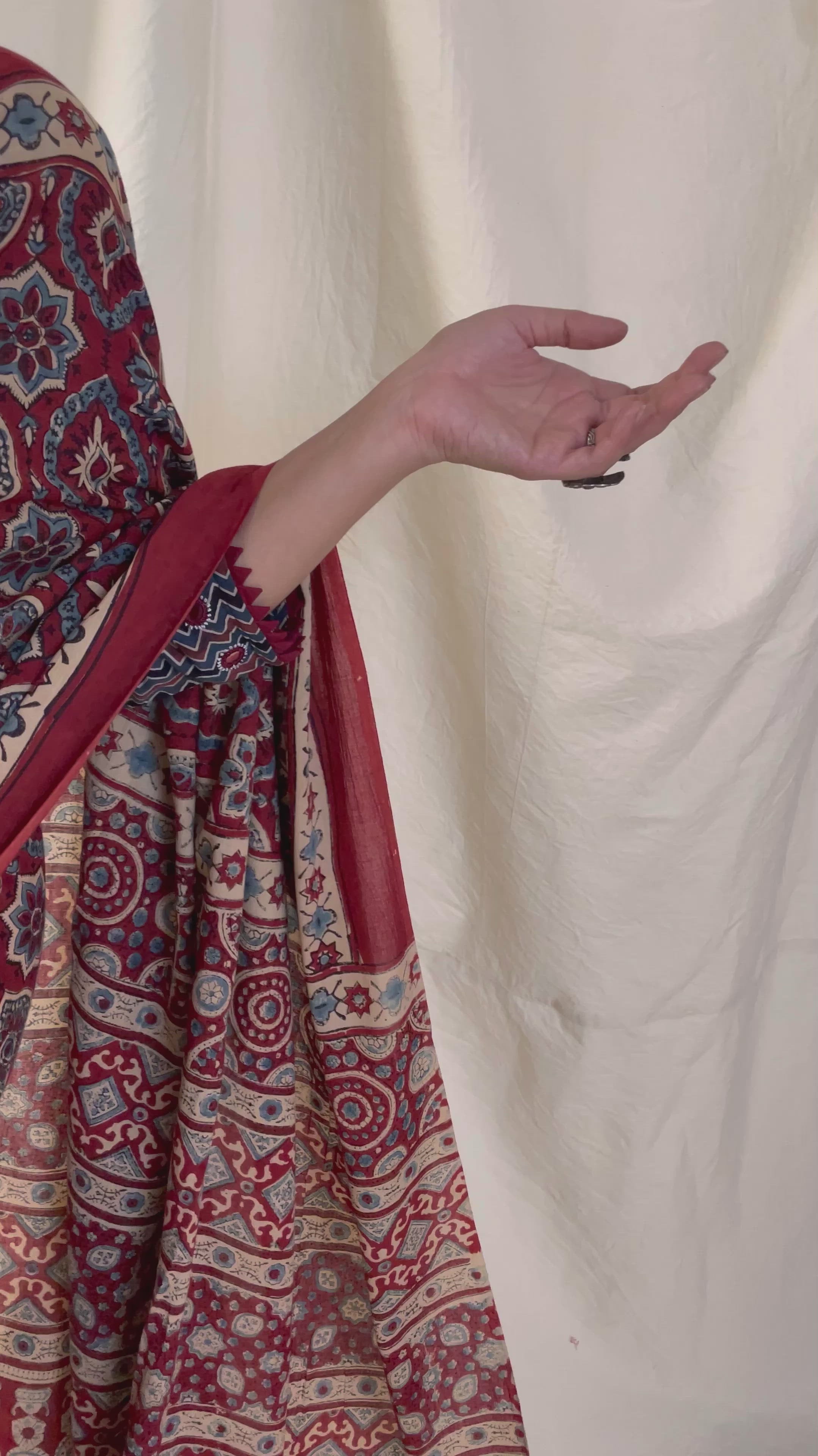 Ajrakh hand block printed mul cotton saree