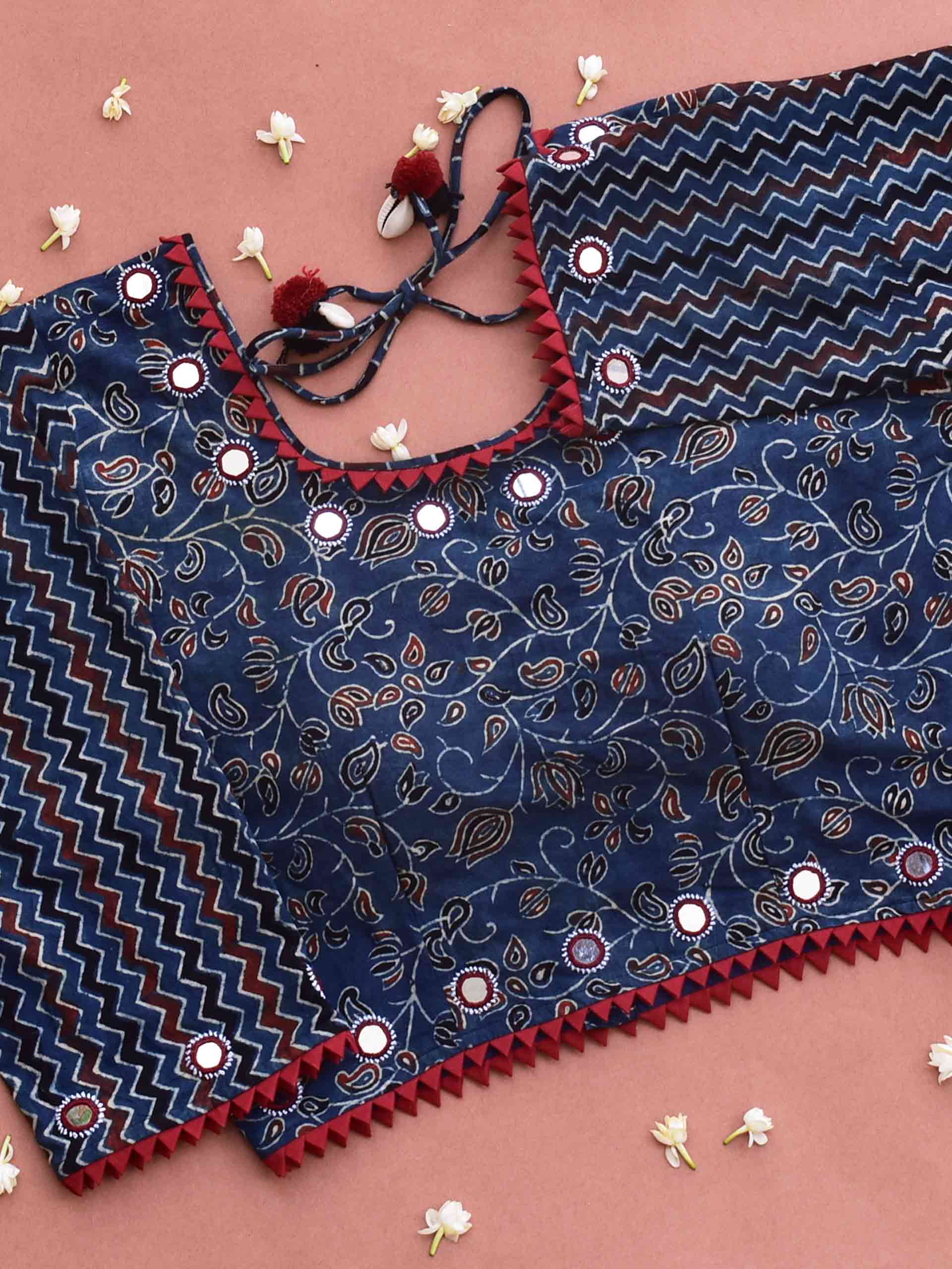 Buy Blue Floral Ajrakh hand block printed Kutch mirror work blouse