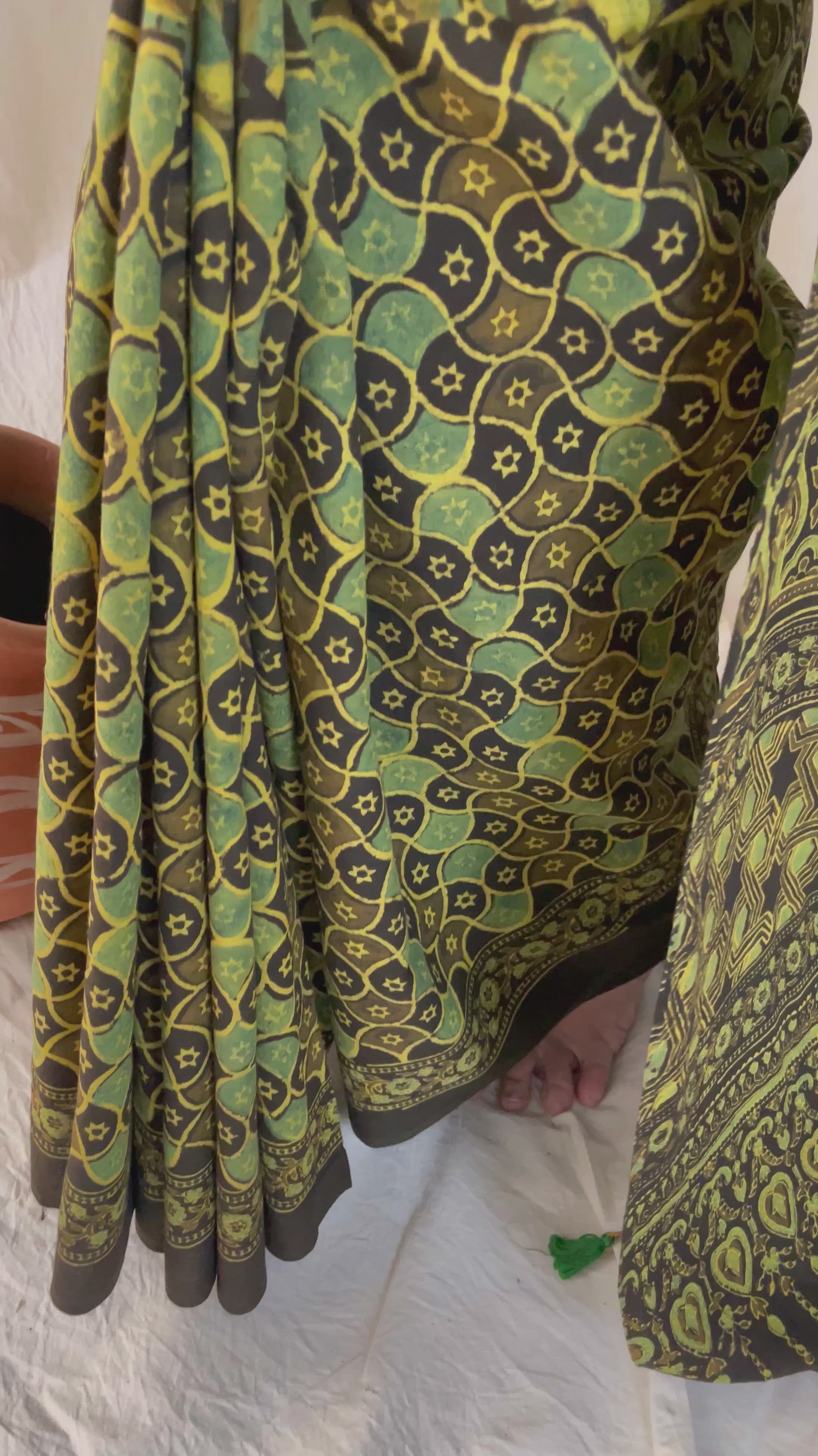 Ajrakh hand block printed mul cotton saree
