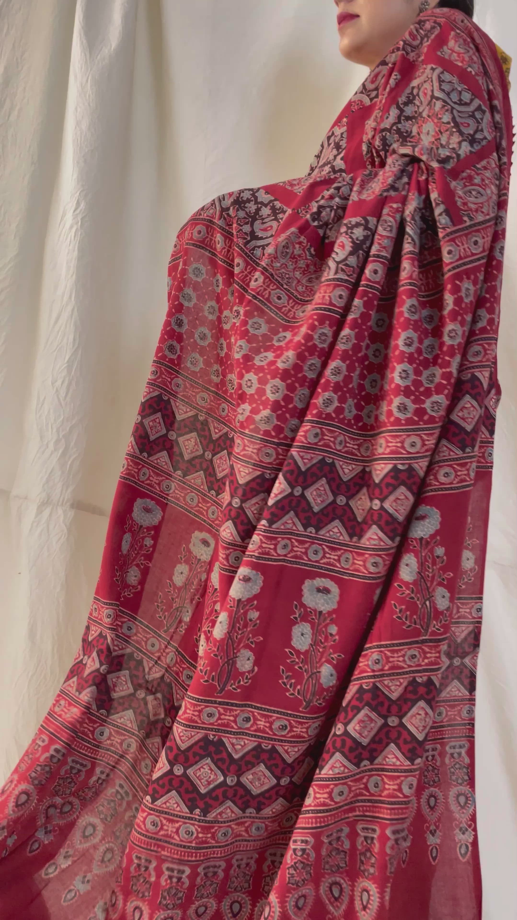 Ajrakh hand block printed mul cotton saree