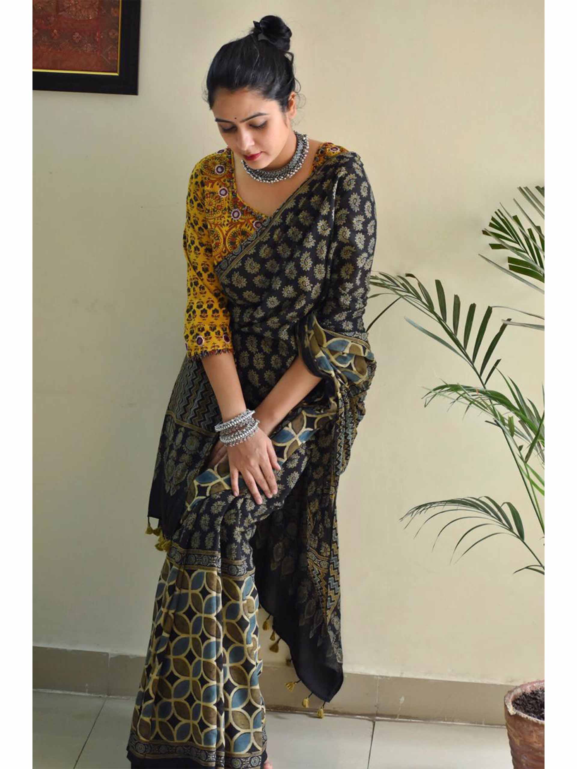 Ajrakh black mul mul cotton saree