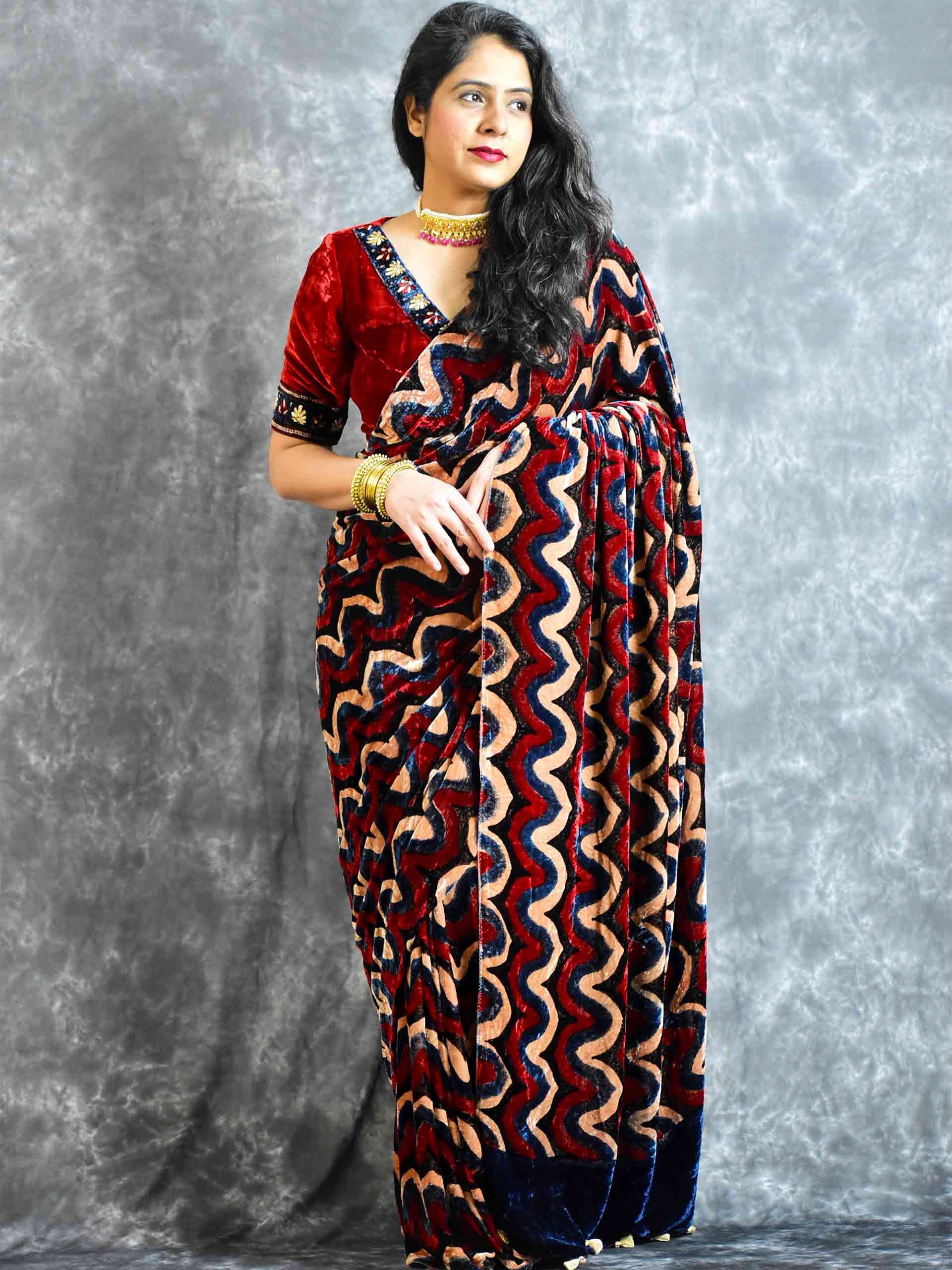 Buy Ajrakh Silk Velvet Saree Online