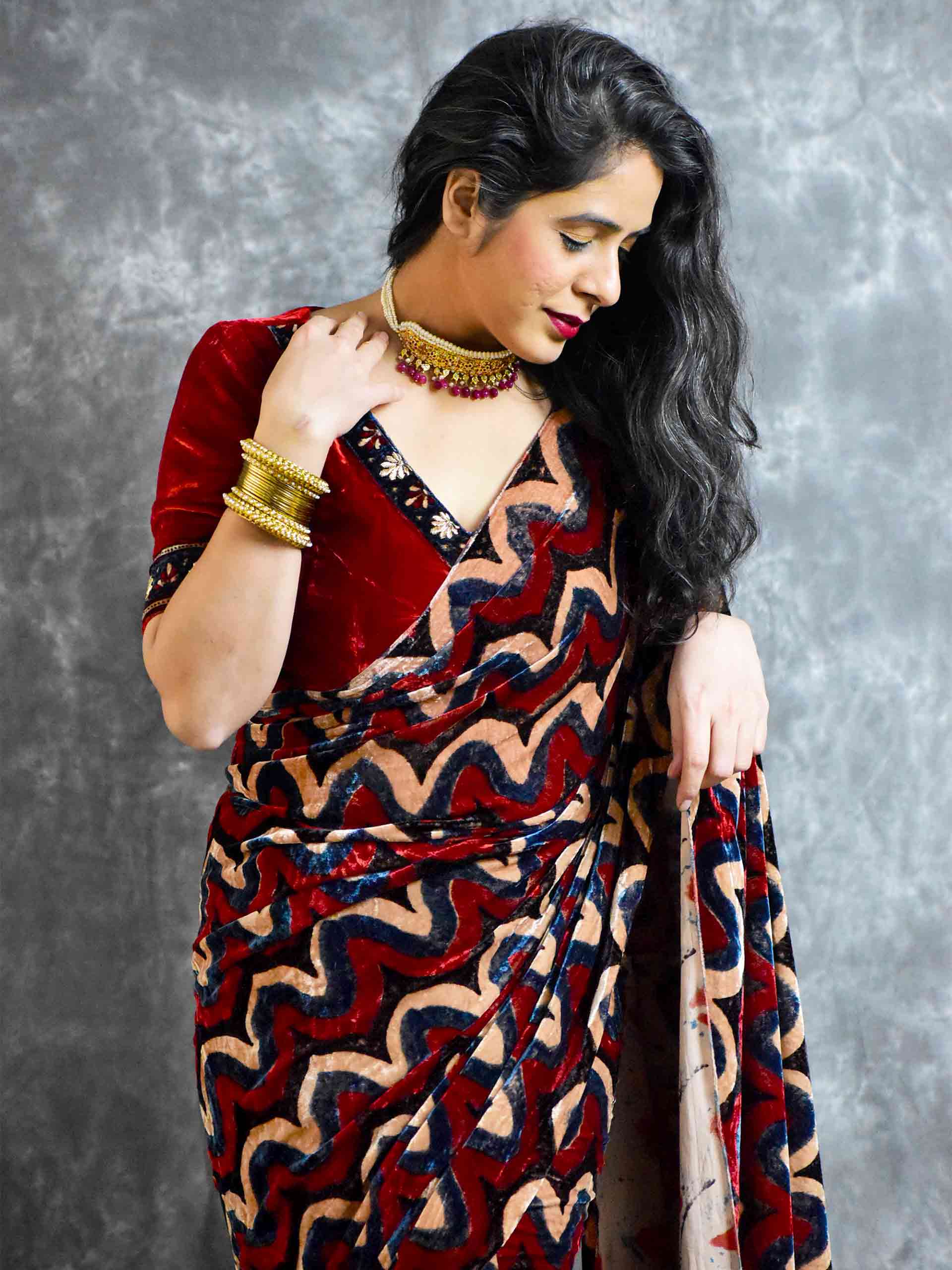 Buy Ajrakh Silk Velvet Saree Online