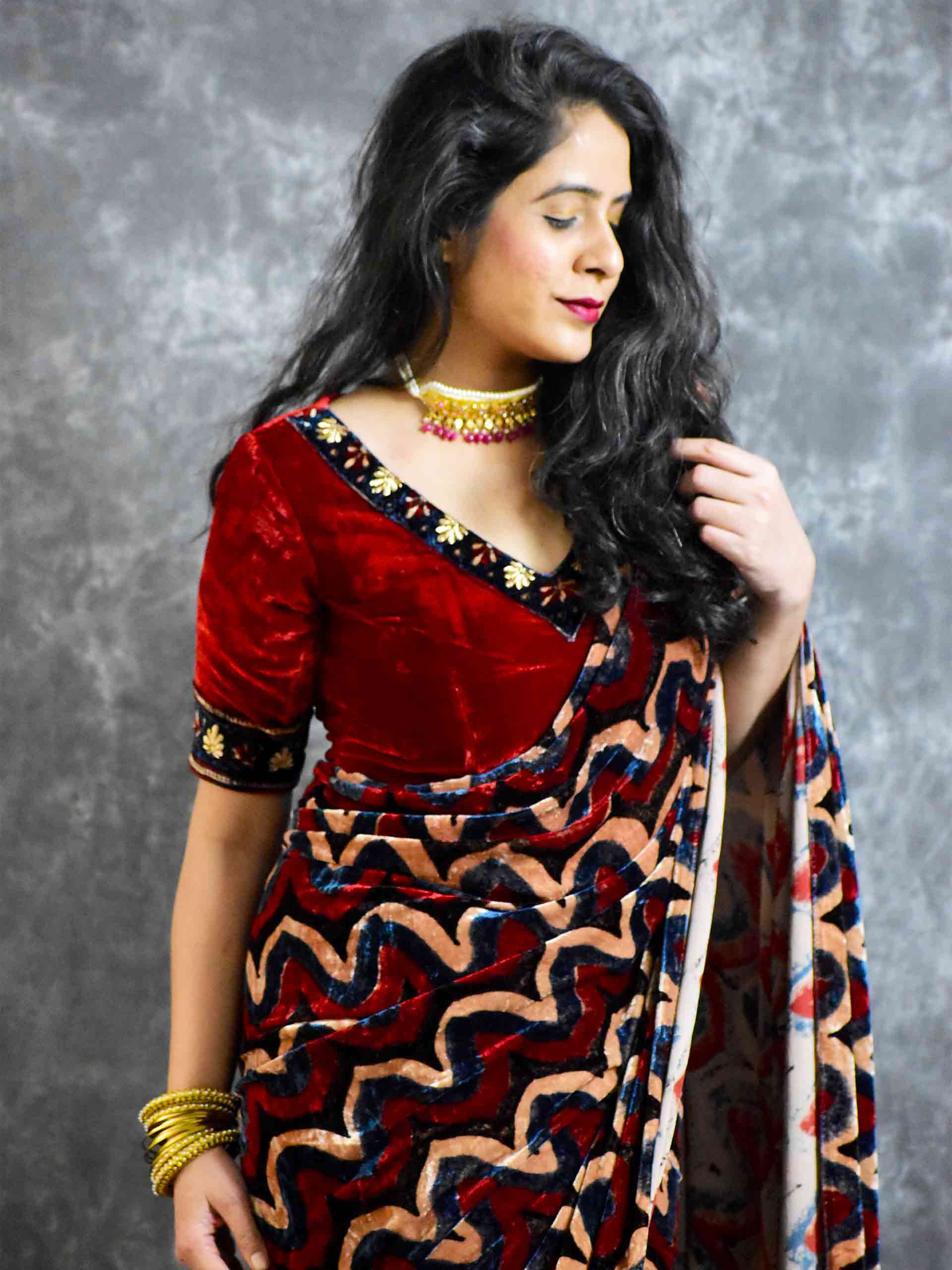 Buy Ajrakh Silk Velvet Saree Online