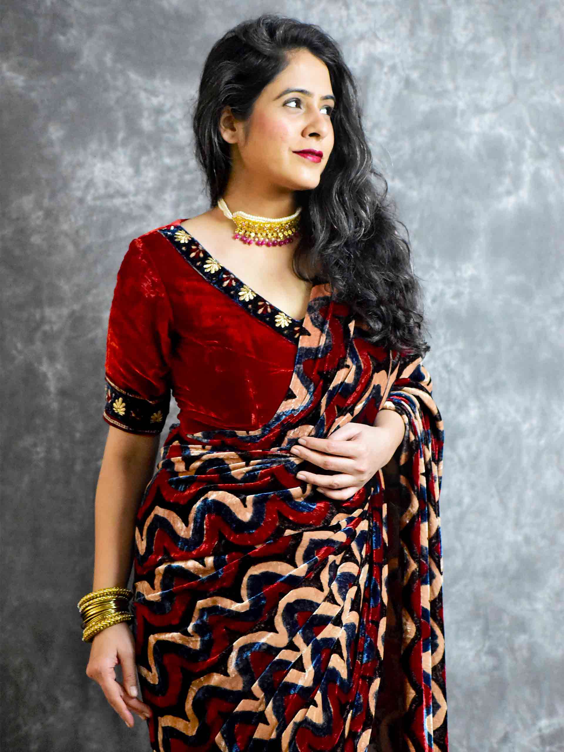 Buy Ajrakh Silk Velvet Saree Online