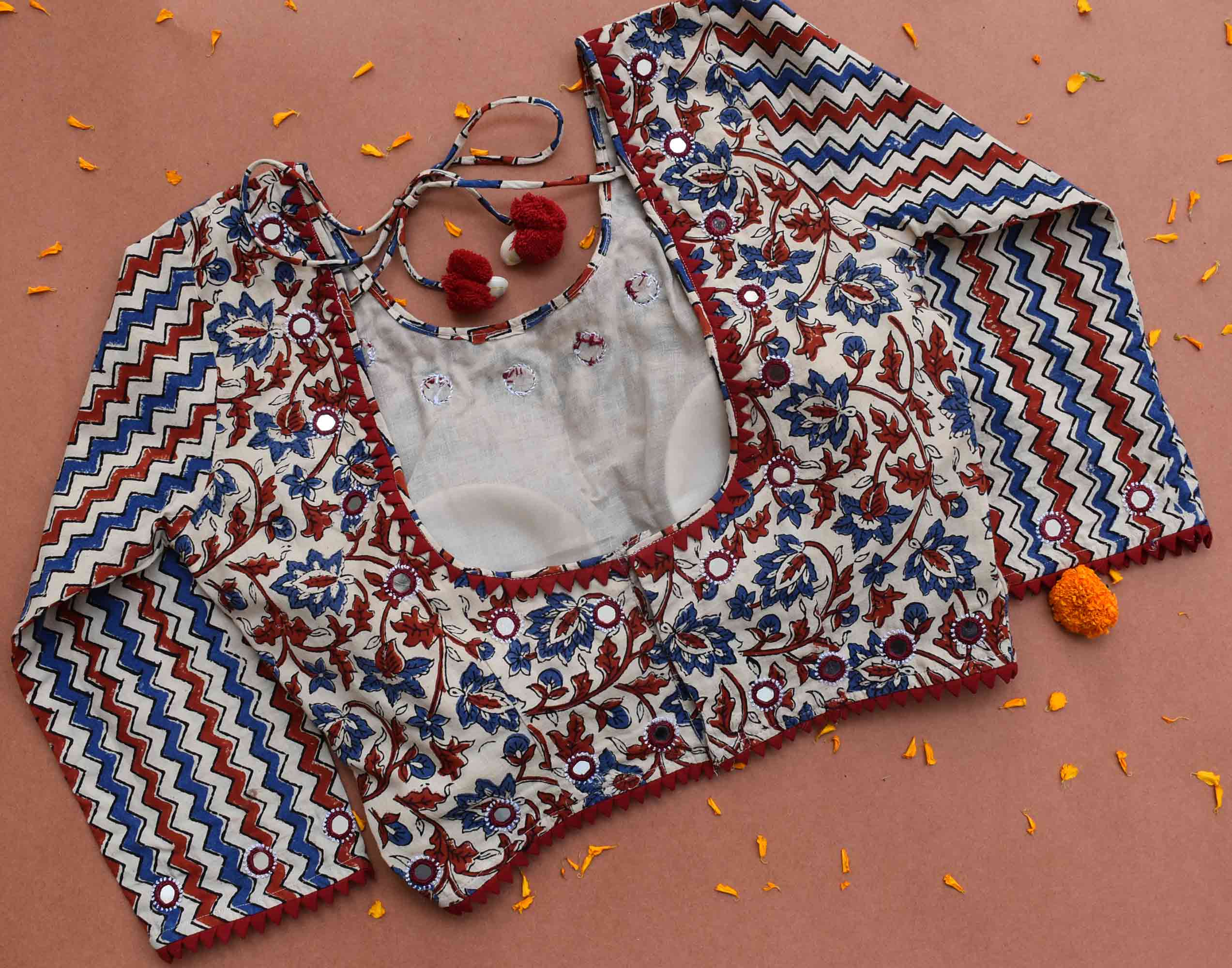 White Ajrakh kutch mirror work blouse