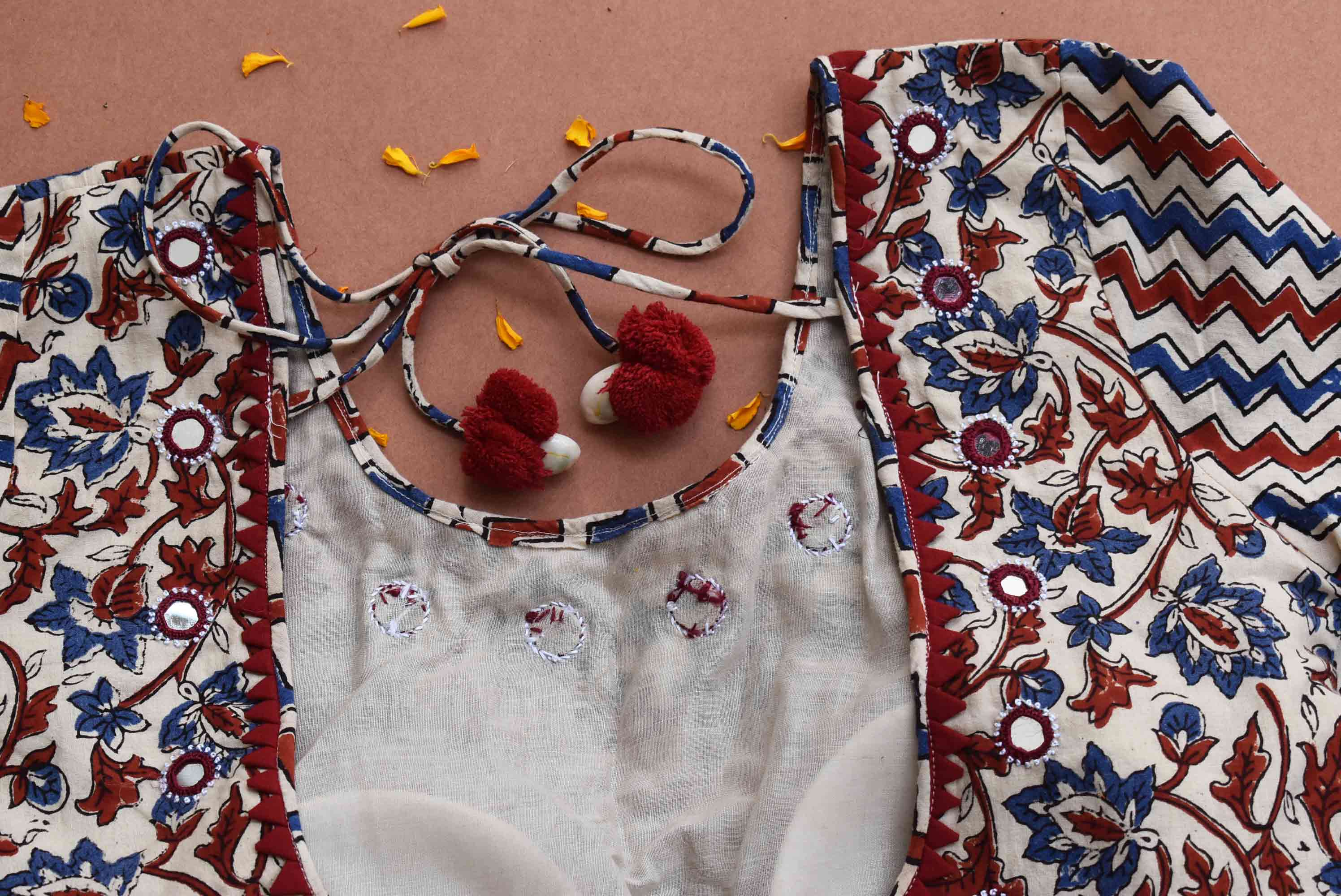 White Ajrakh kutch mirror work blouse