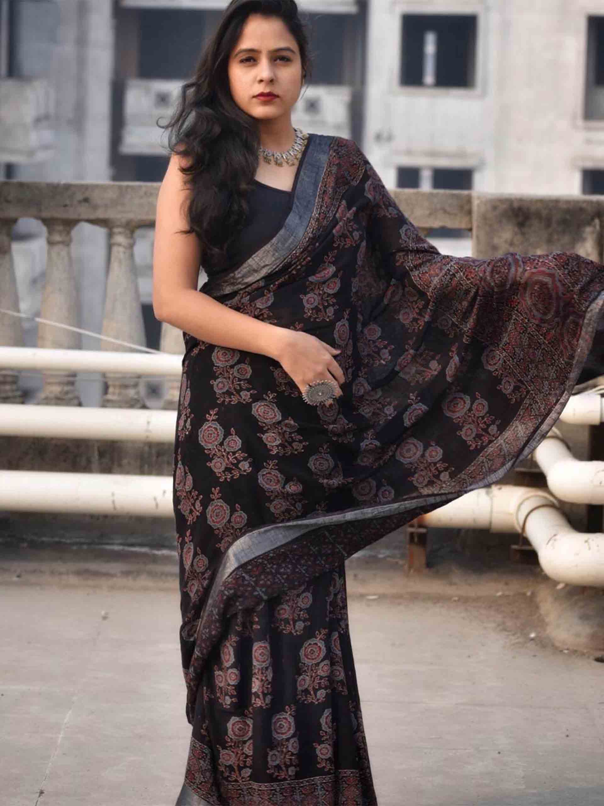 Black Ajrakh hand block printed linen cotton saree