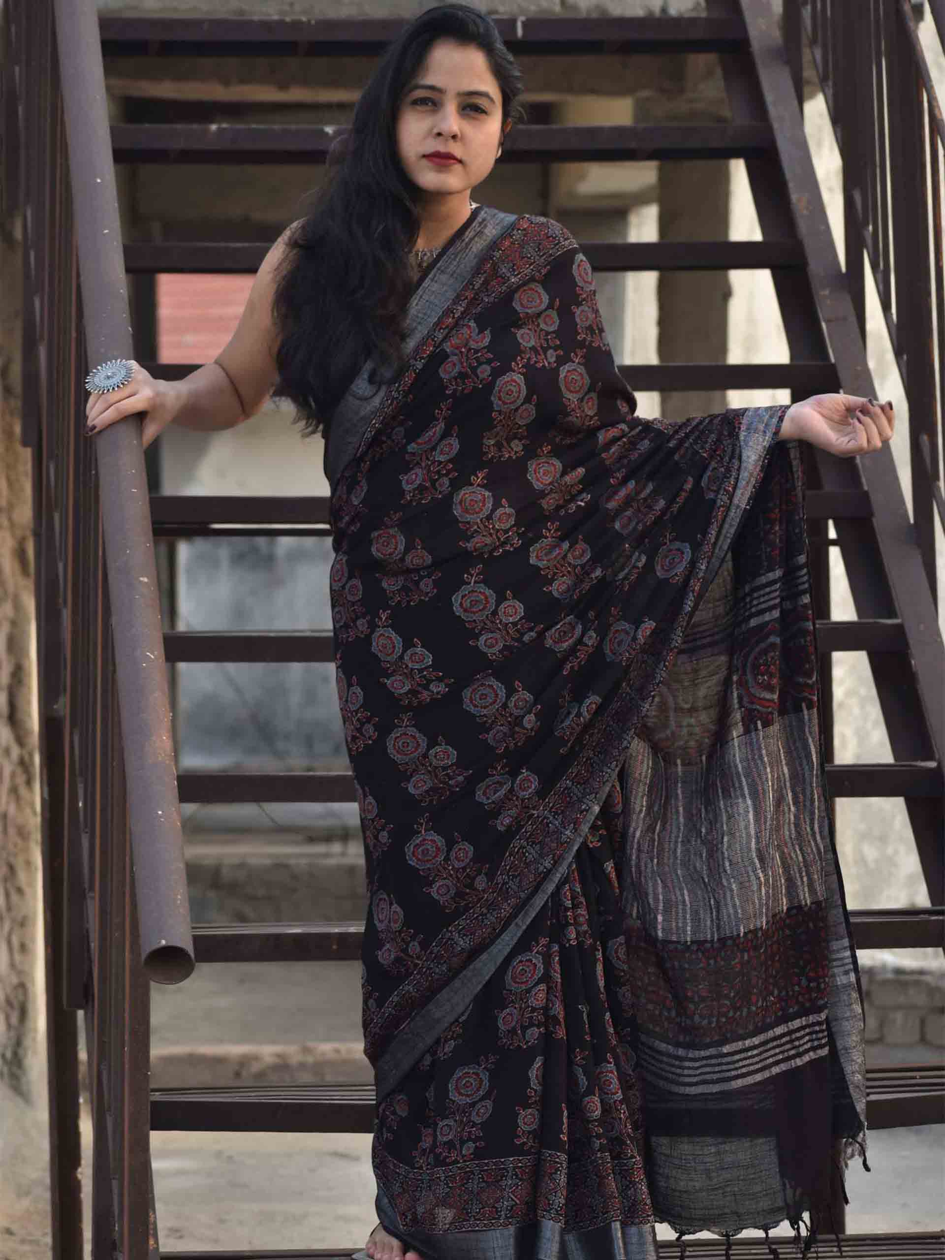 Black Ajrakh hand block printed linen cotton saree