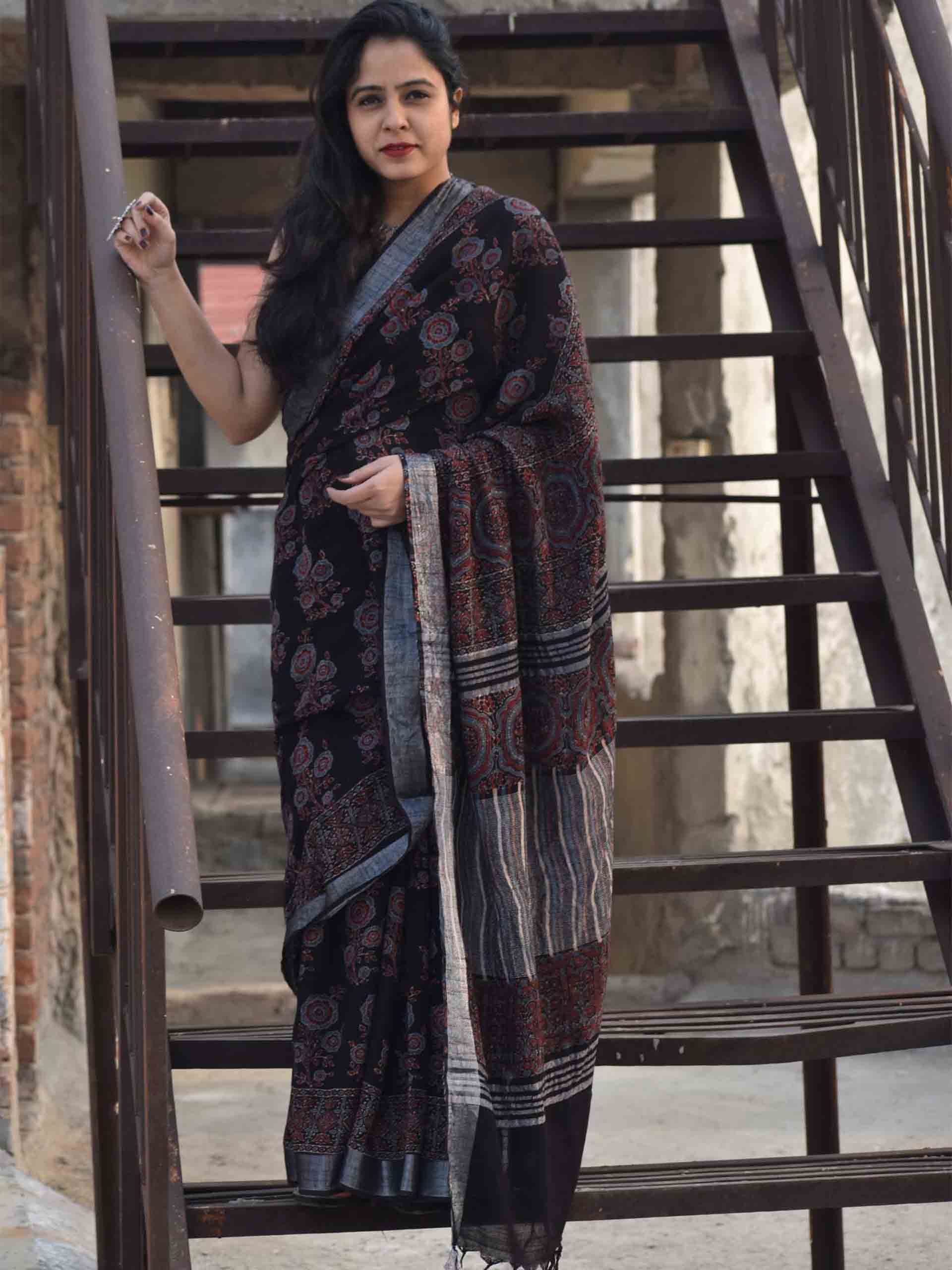 Black Ajrakh hand block printed linen cotton saree