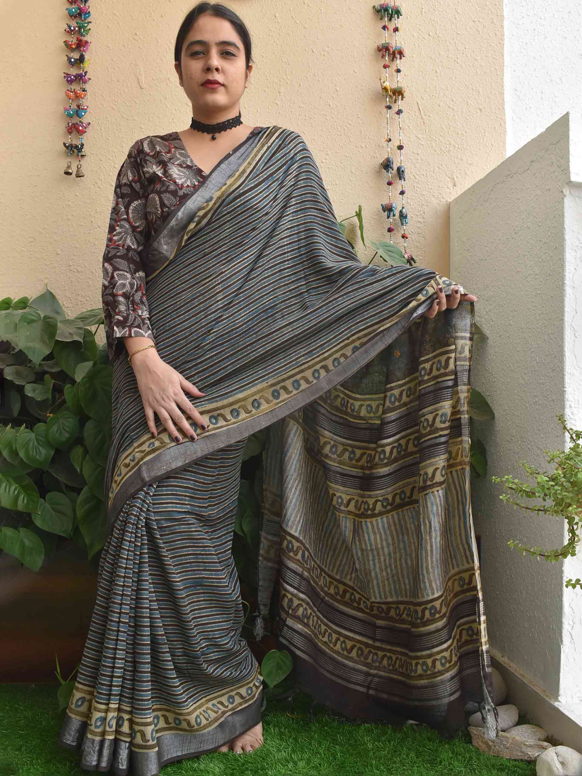 Grey Blue Stripes Ajrakh hand block printed Linen cotton saree