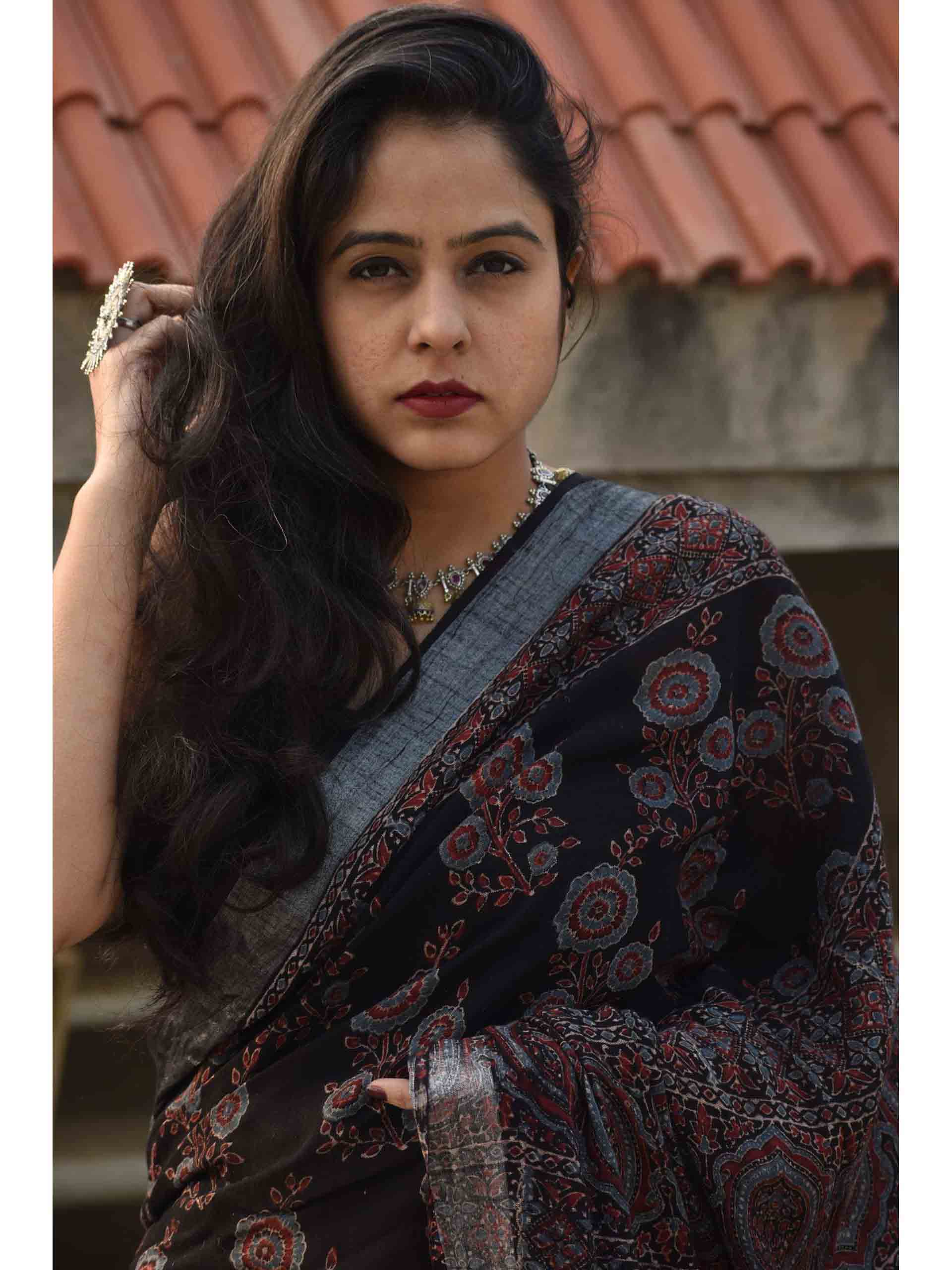 Black Ajrakh hand block printed linen cotton saree