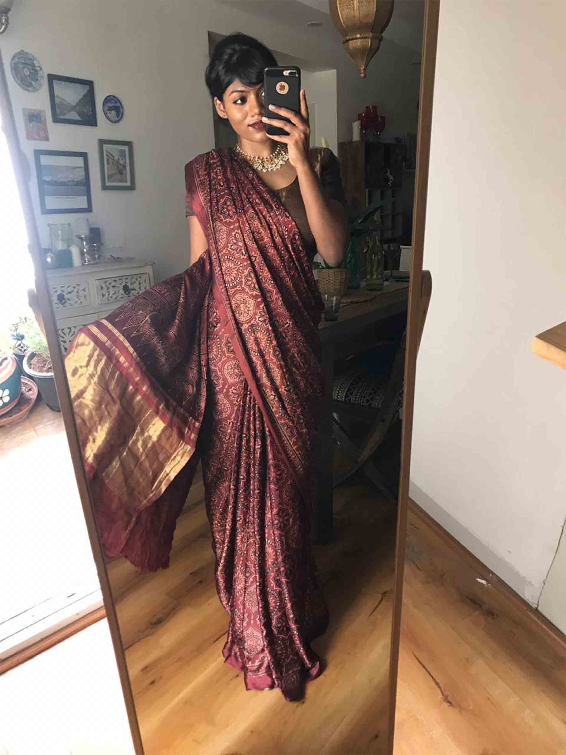 Maroon Ajrakh hand block printed Modal silk saree with zari pallu