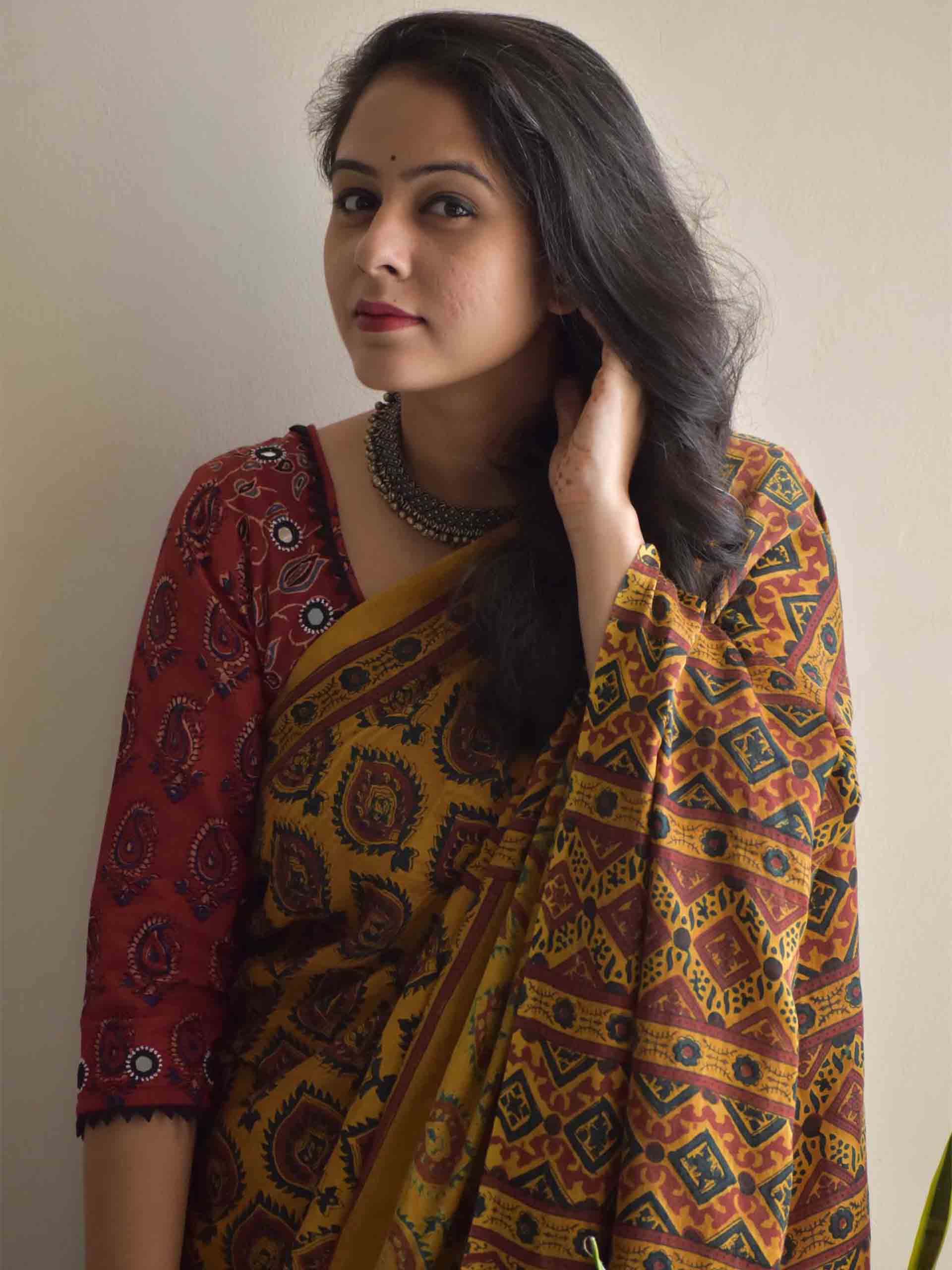 Ajrakh hand block printed modal silk saree