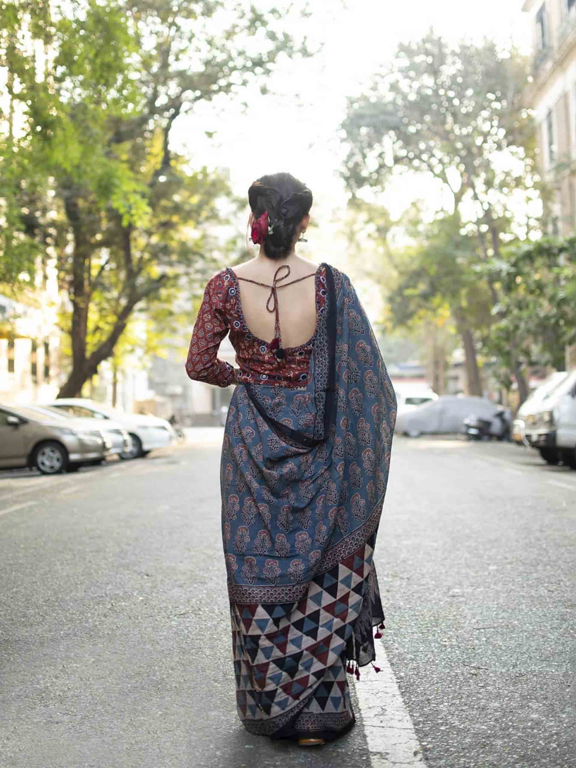 Buy Ajrakh Mulmul cotton saree Online