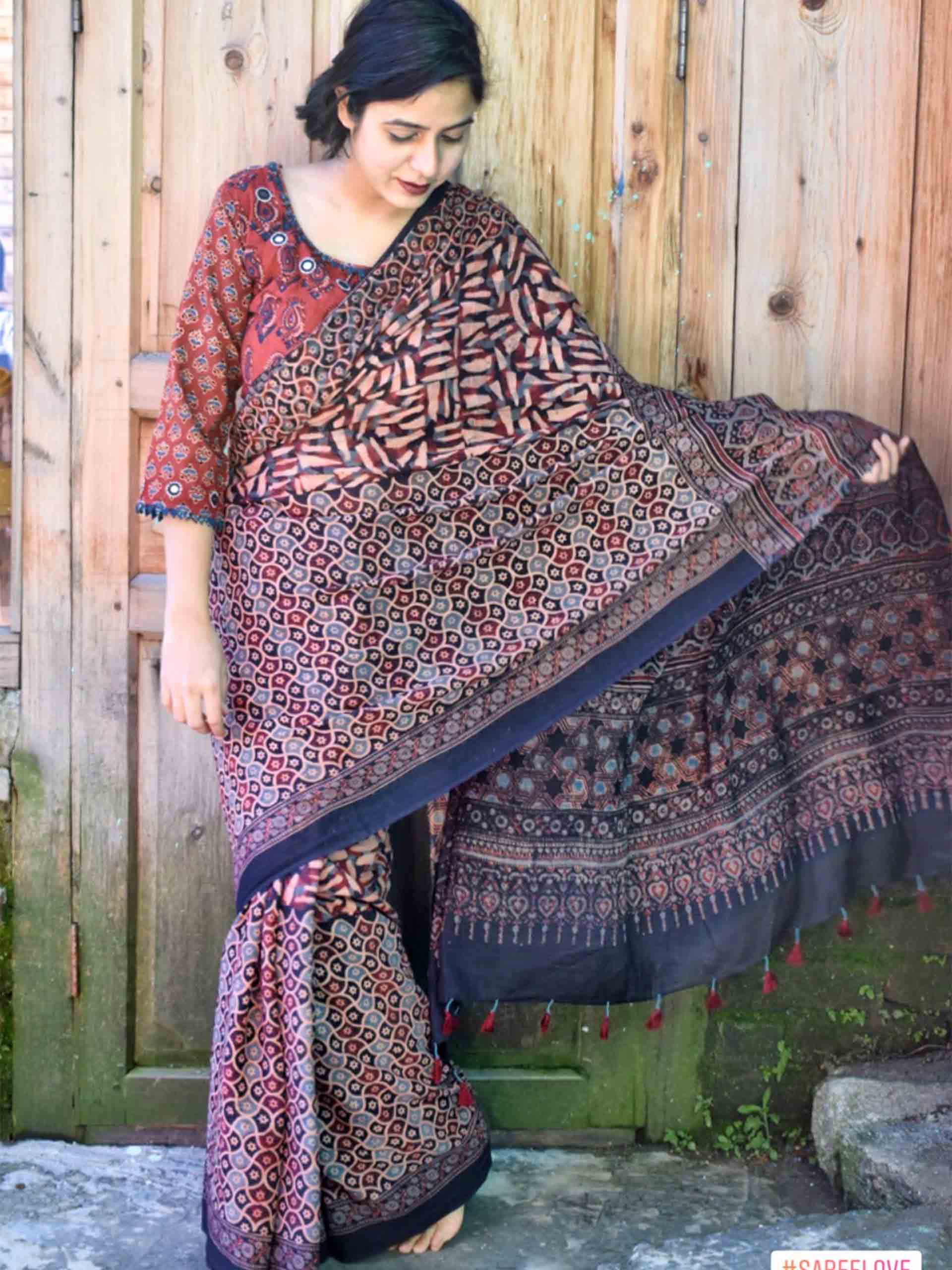 Ajrakh hand block printed mul cotton saree