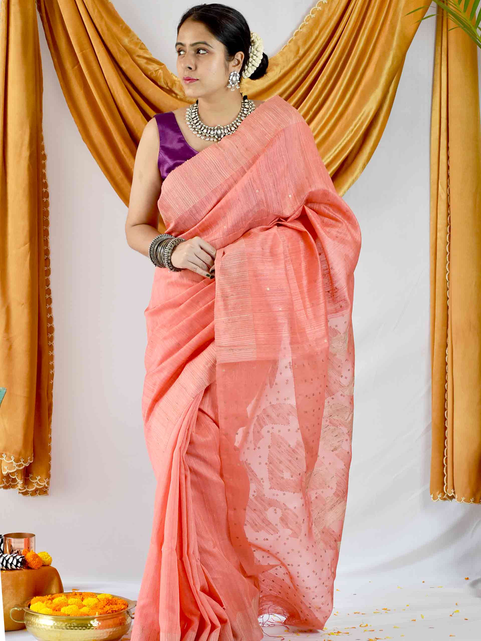 Candy Floss- Handwoven Matka Silk Jamdani Sequin Work Saree