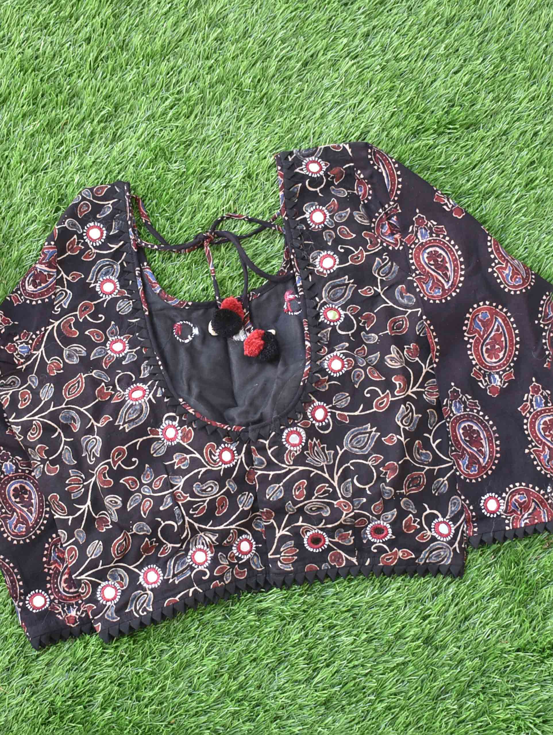 Buy Ajrakh Hand Block Printed Kutch Mirror Work Blouse Online