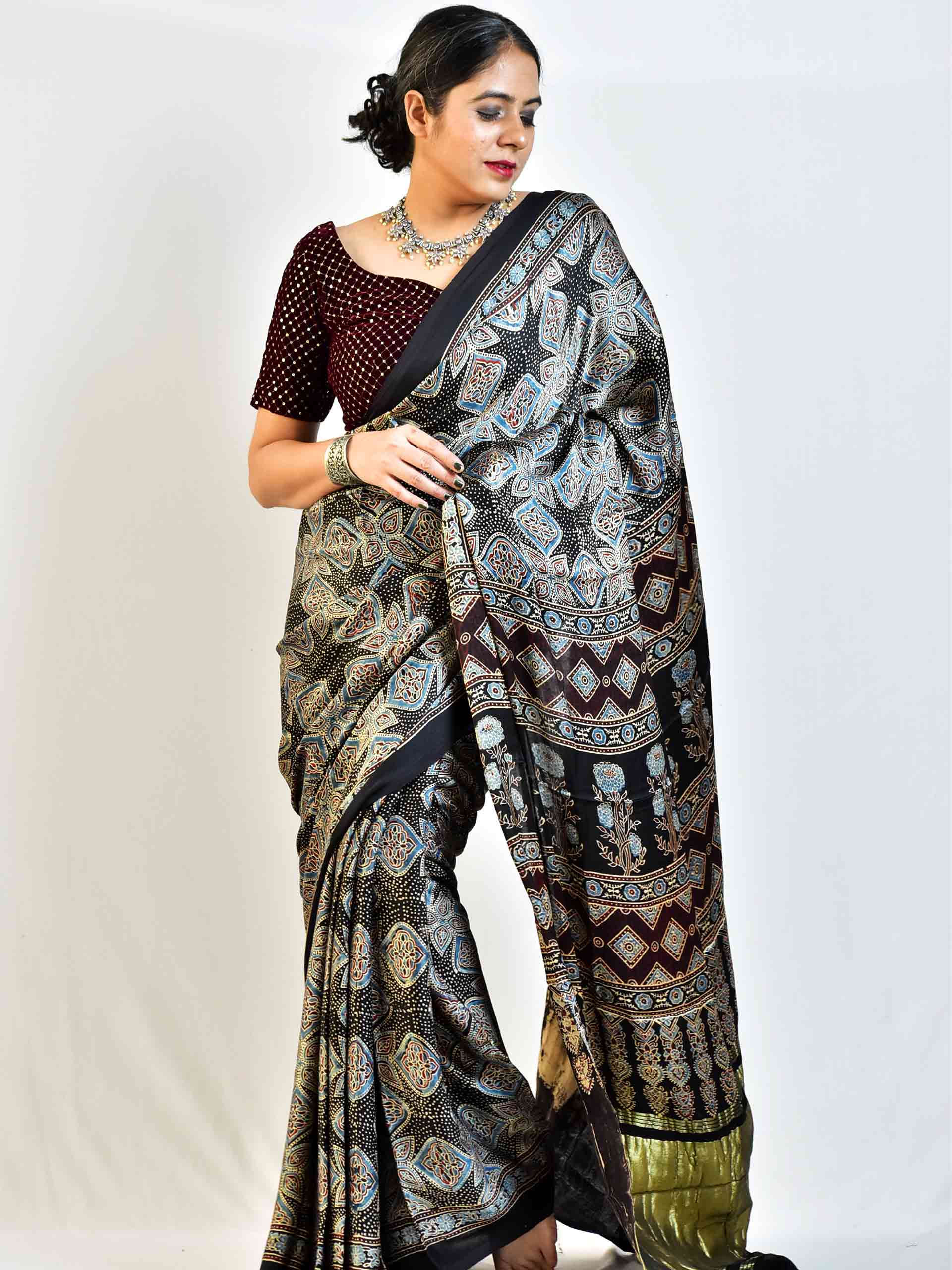 Ajrakh hand block printed Modal Silk Saree with zari pallu