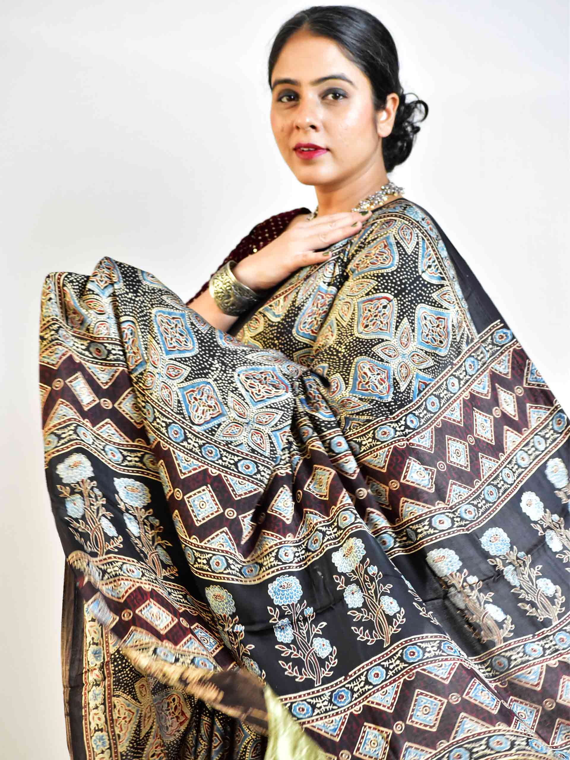 Ajrakh hand block printed Modal Silk Saree with zari pallu