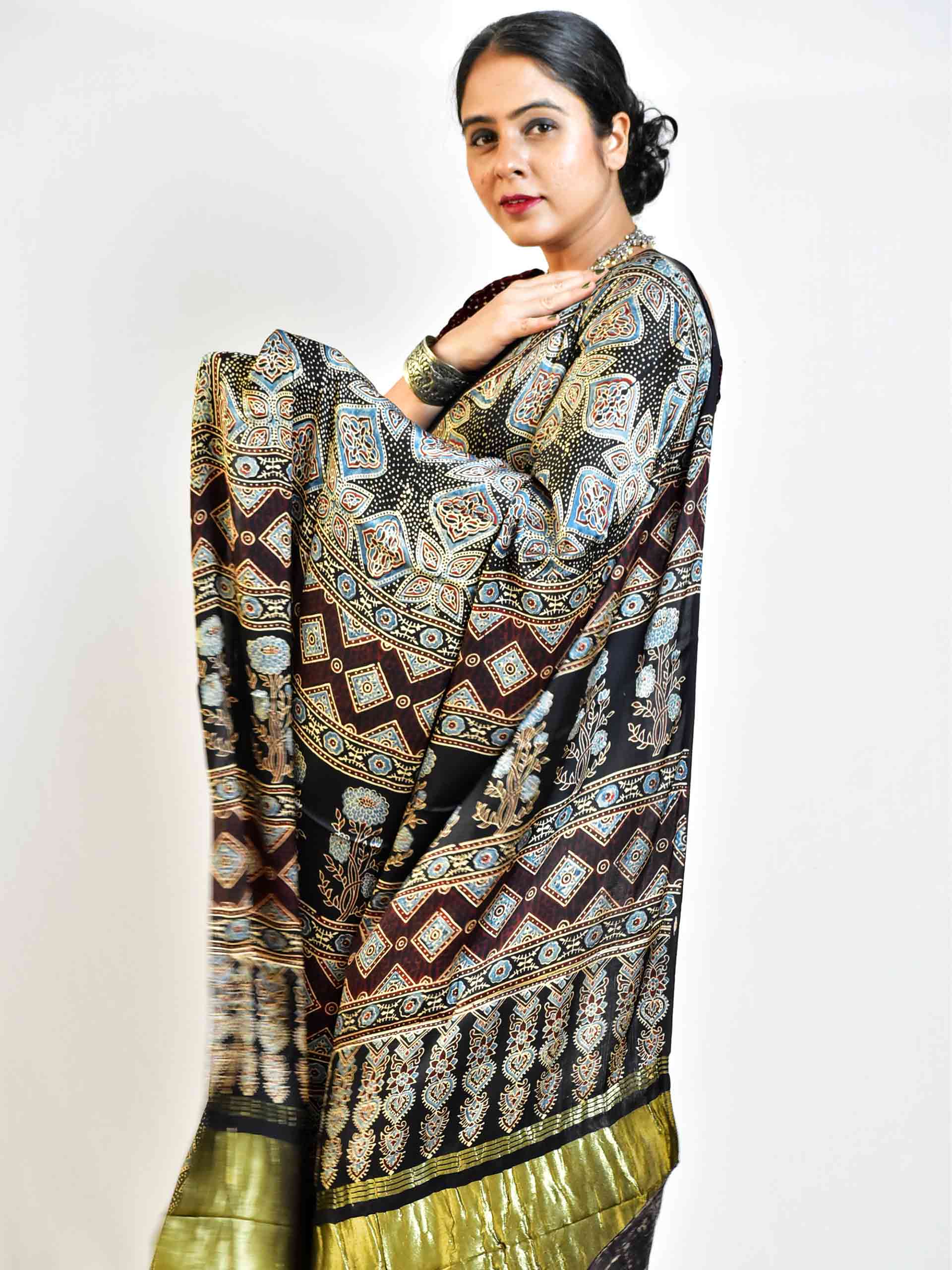 Ajrakh hand block printed Modal Silk Saree with zari pallu