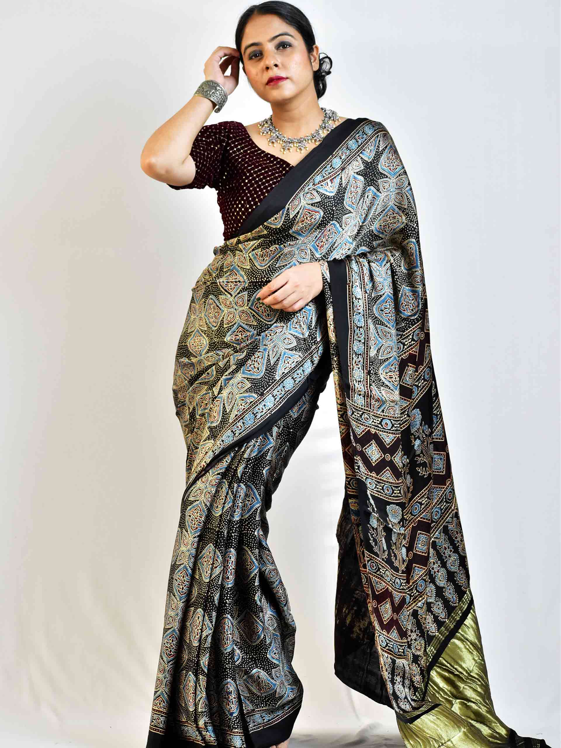 Ajrakh hand block printed Modal Silk Saree with zari pallu