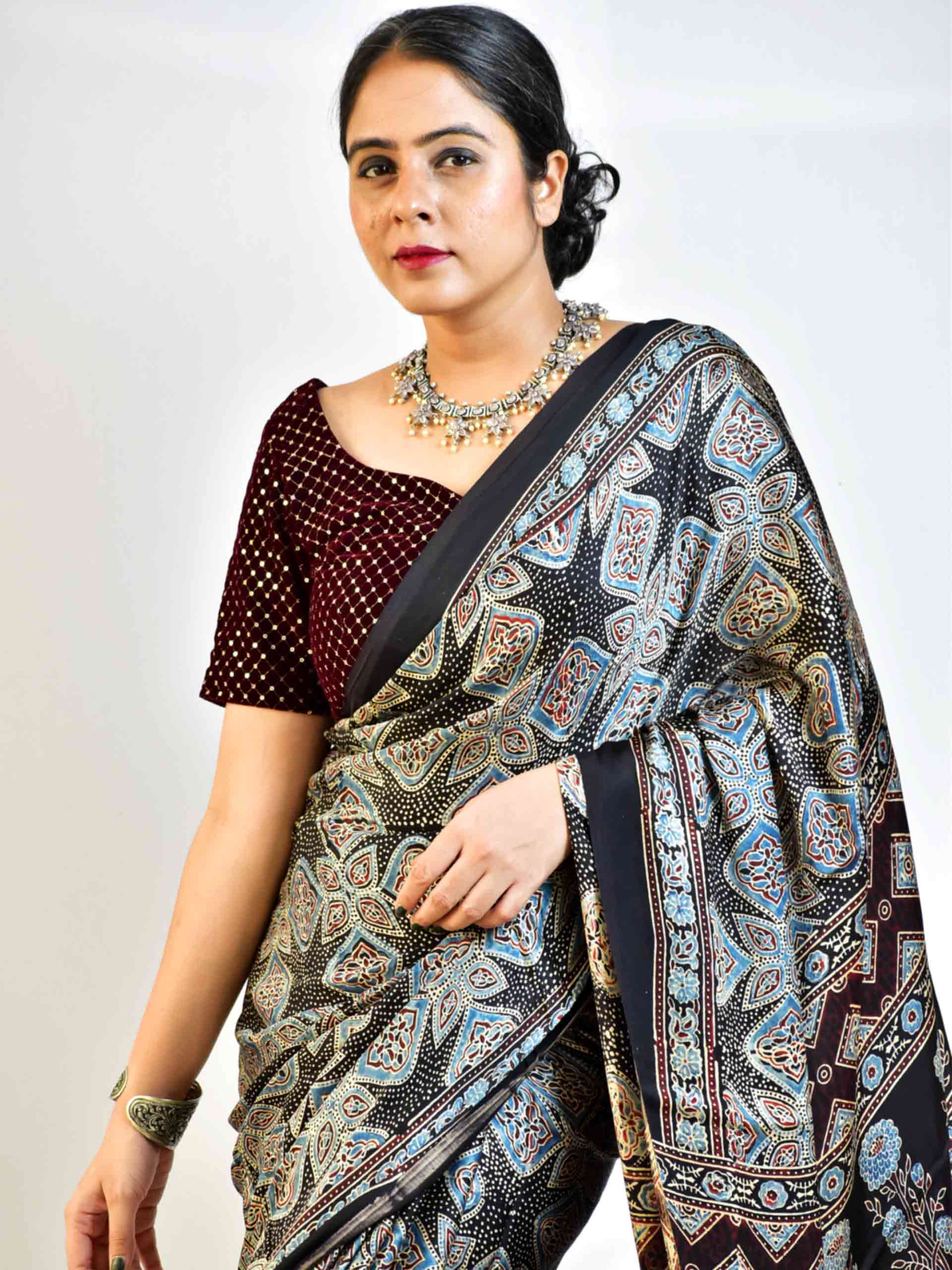 Ajrakh hand block printed Modal Silk Saree with zari pallu