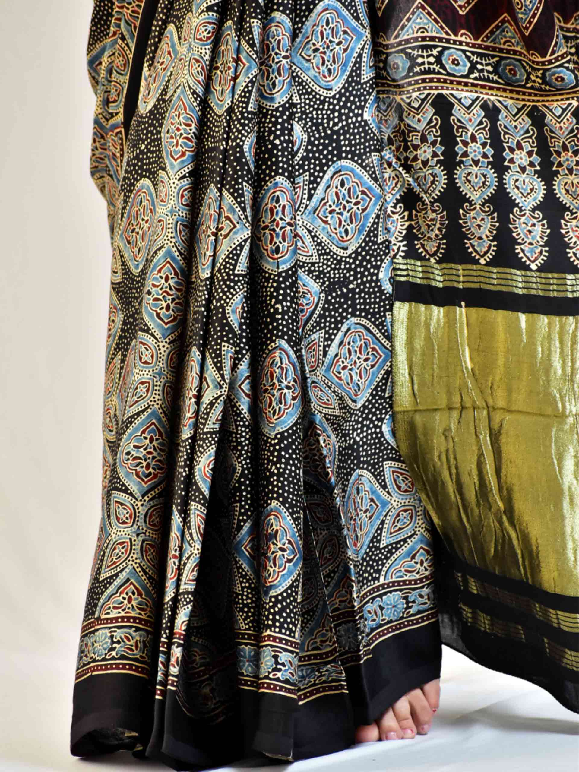 Ajrakh hand block printed Modal Silk Saree with zari pallu