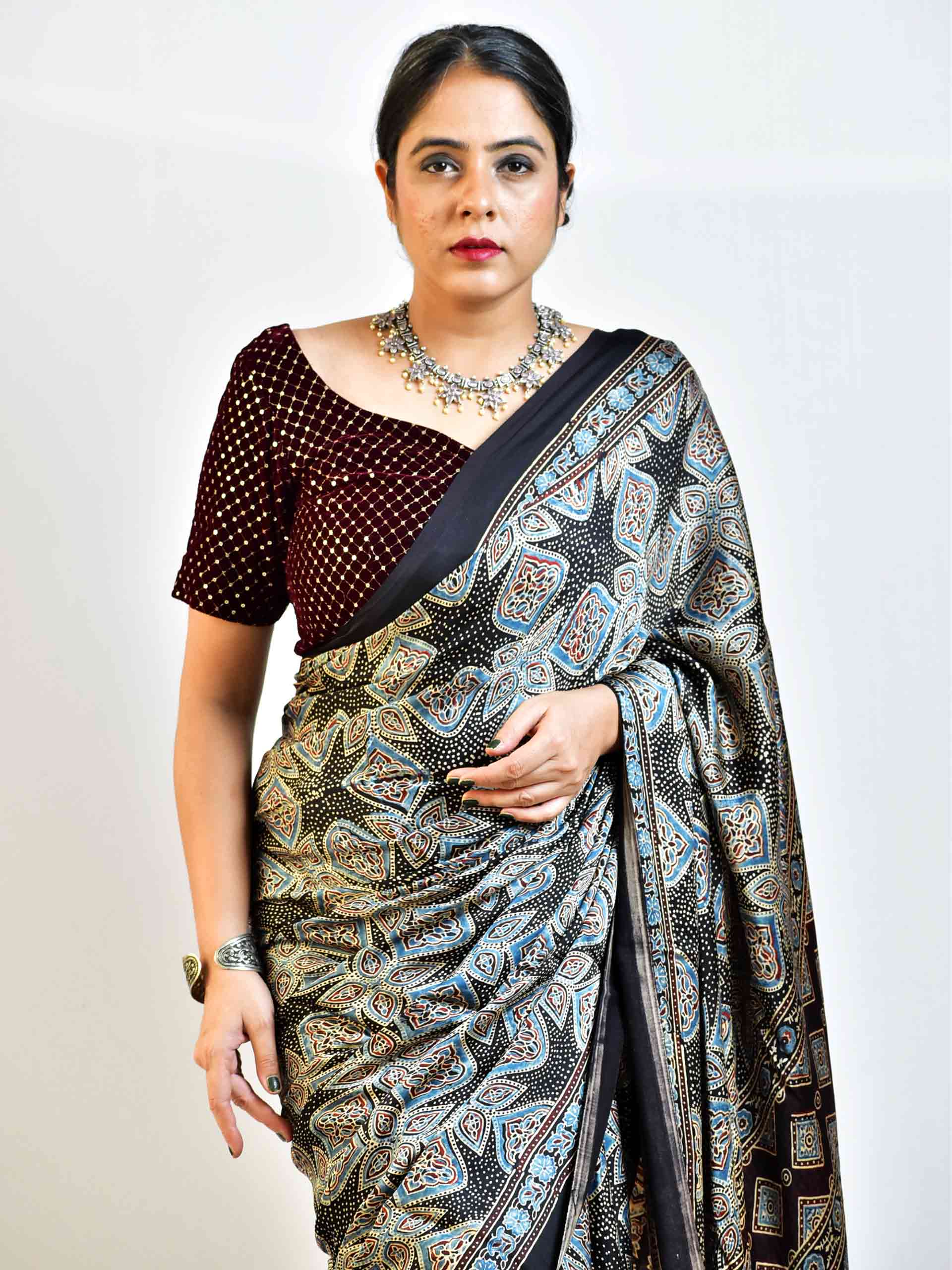 Ajrakh hand block printed Modal Silk Saree with zari pallu