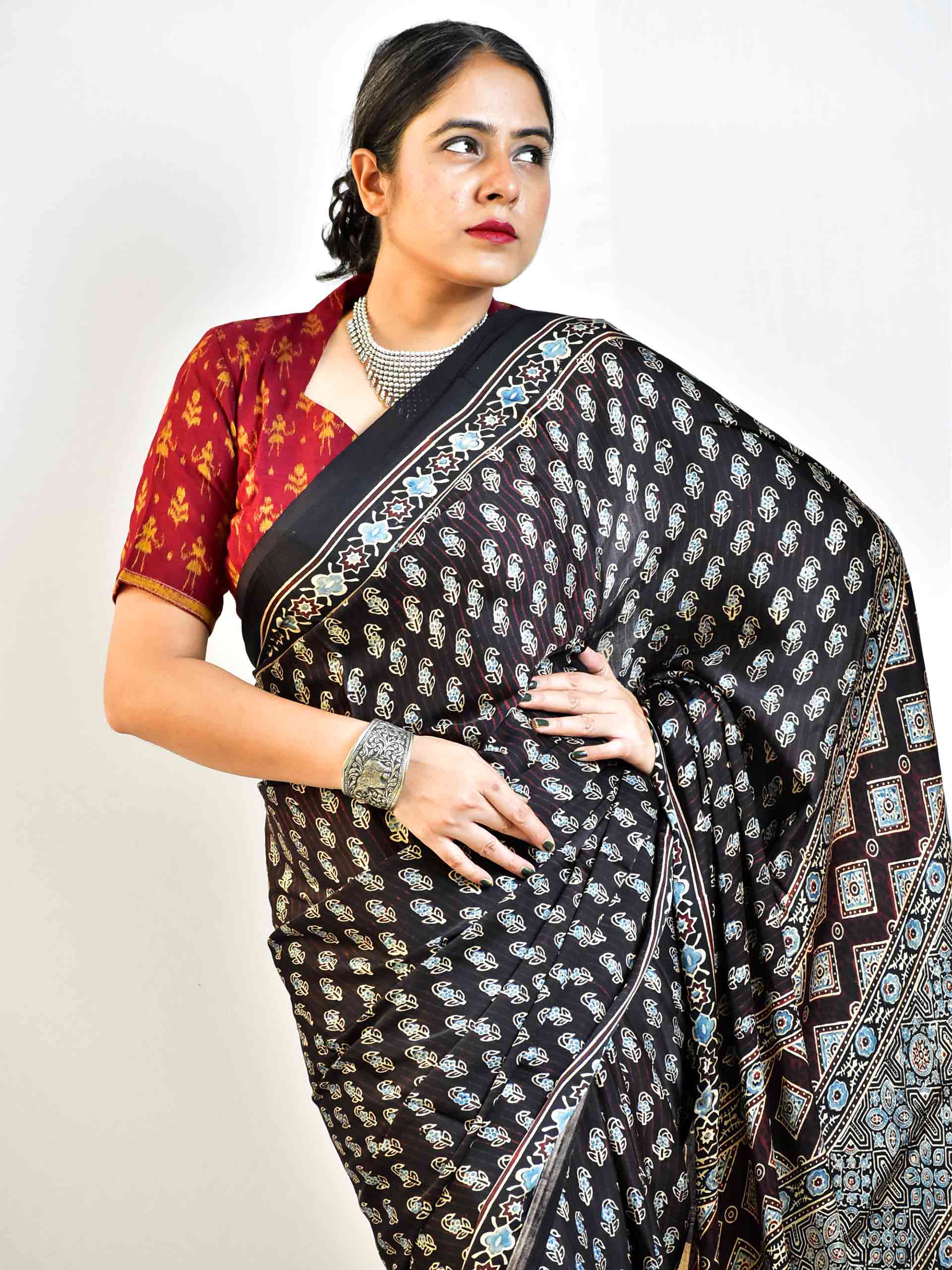 Firefly - Ajrakh hand block printed Modal Silk Saree with zari pallu