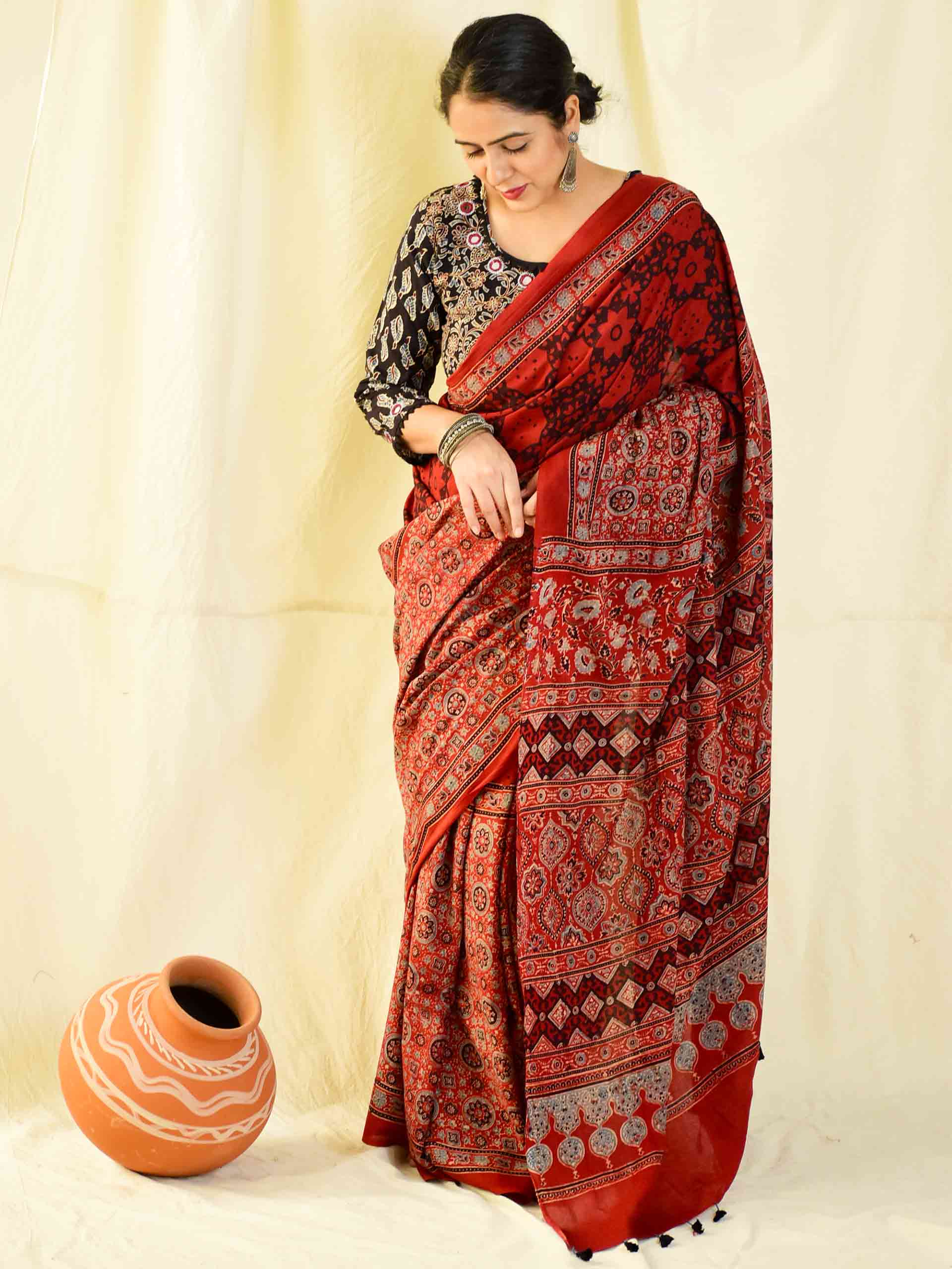 Ajrakh hand block printed mul cotton saree