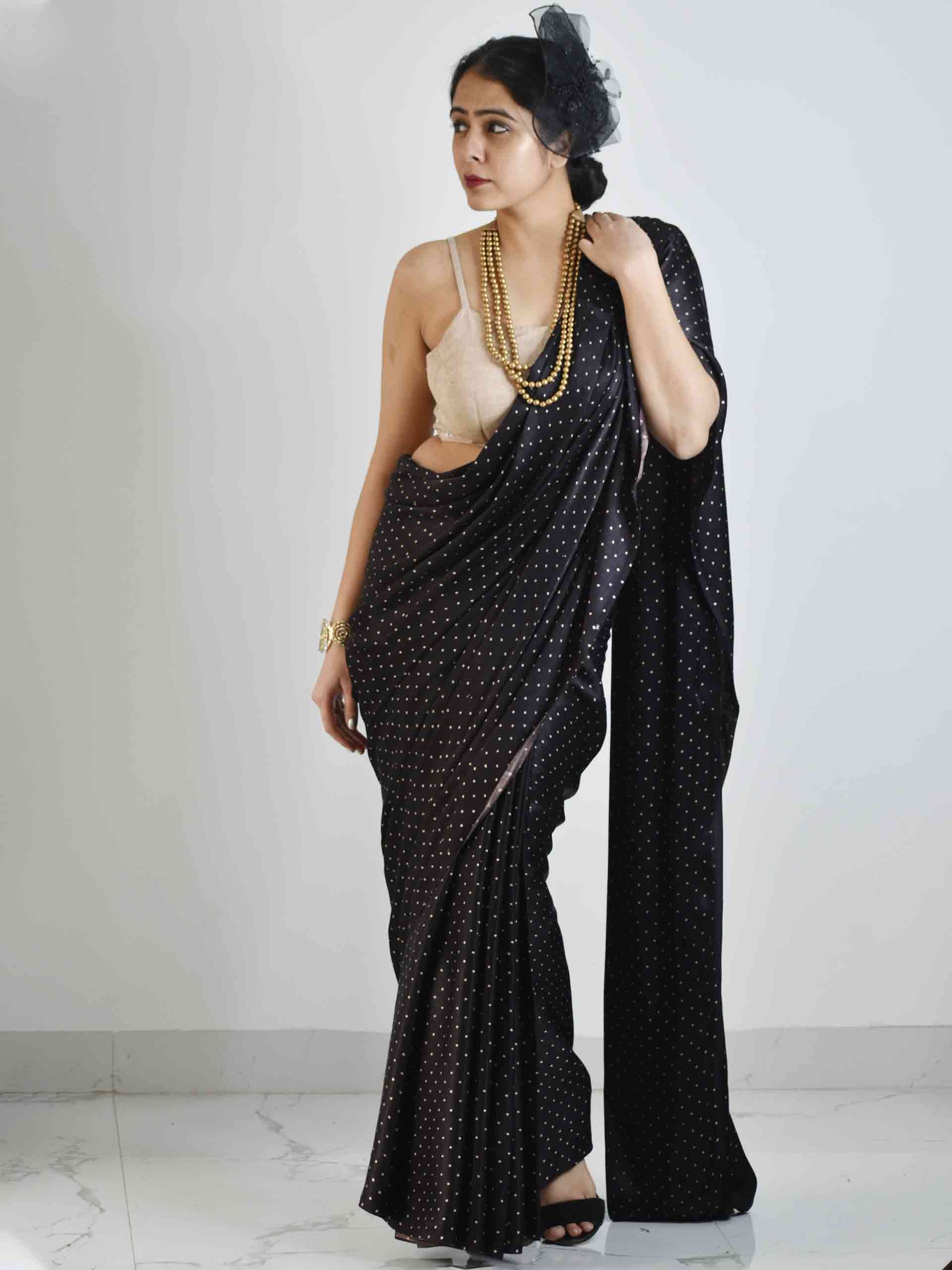 Buy Black Polka Ajrakh Mashru Silk Saree online