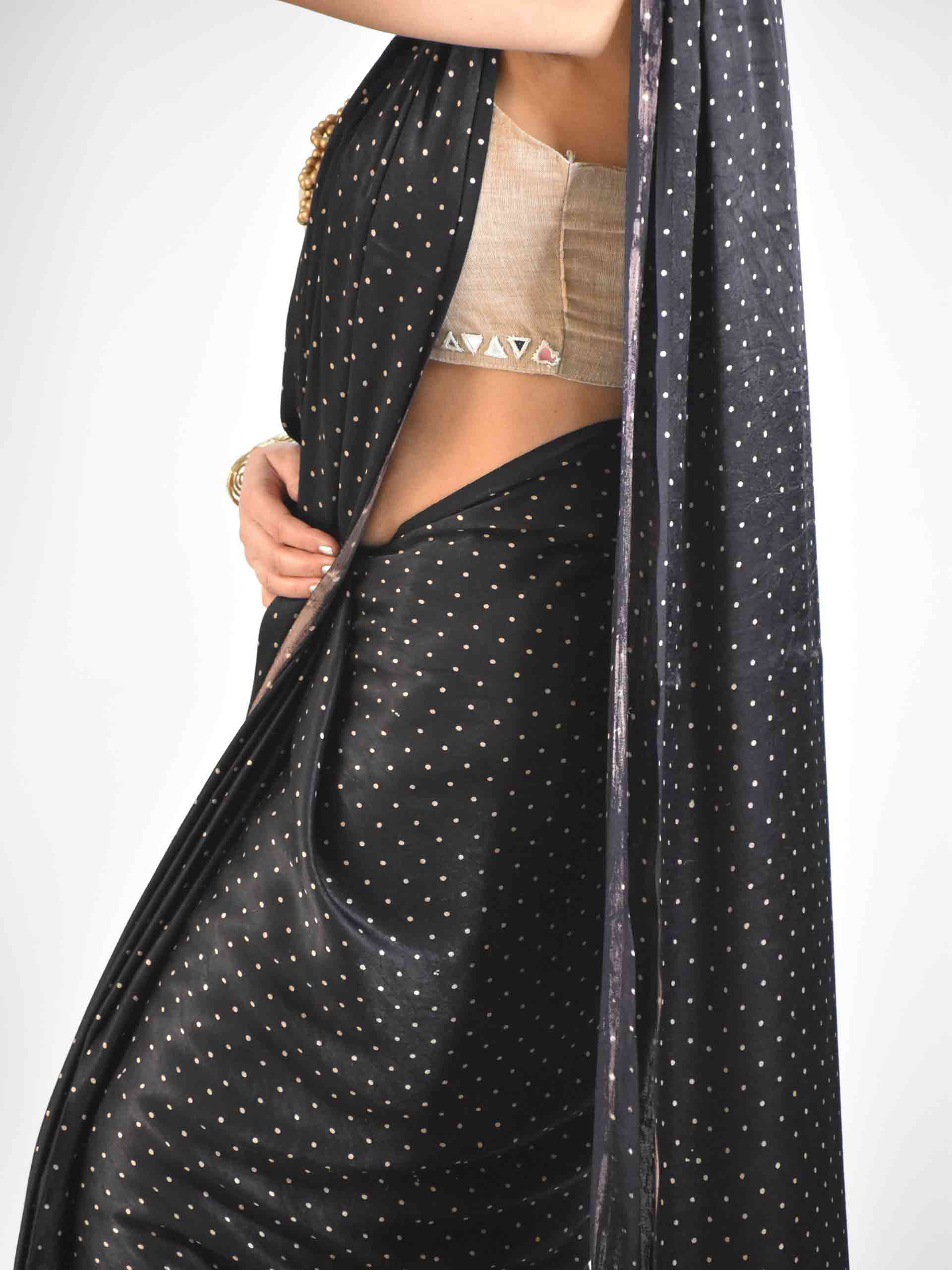 Buy Black Polka Ajrakh Mashru Silk Saree online