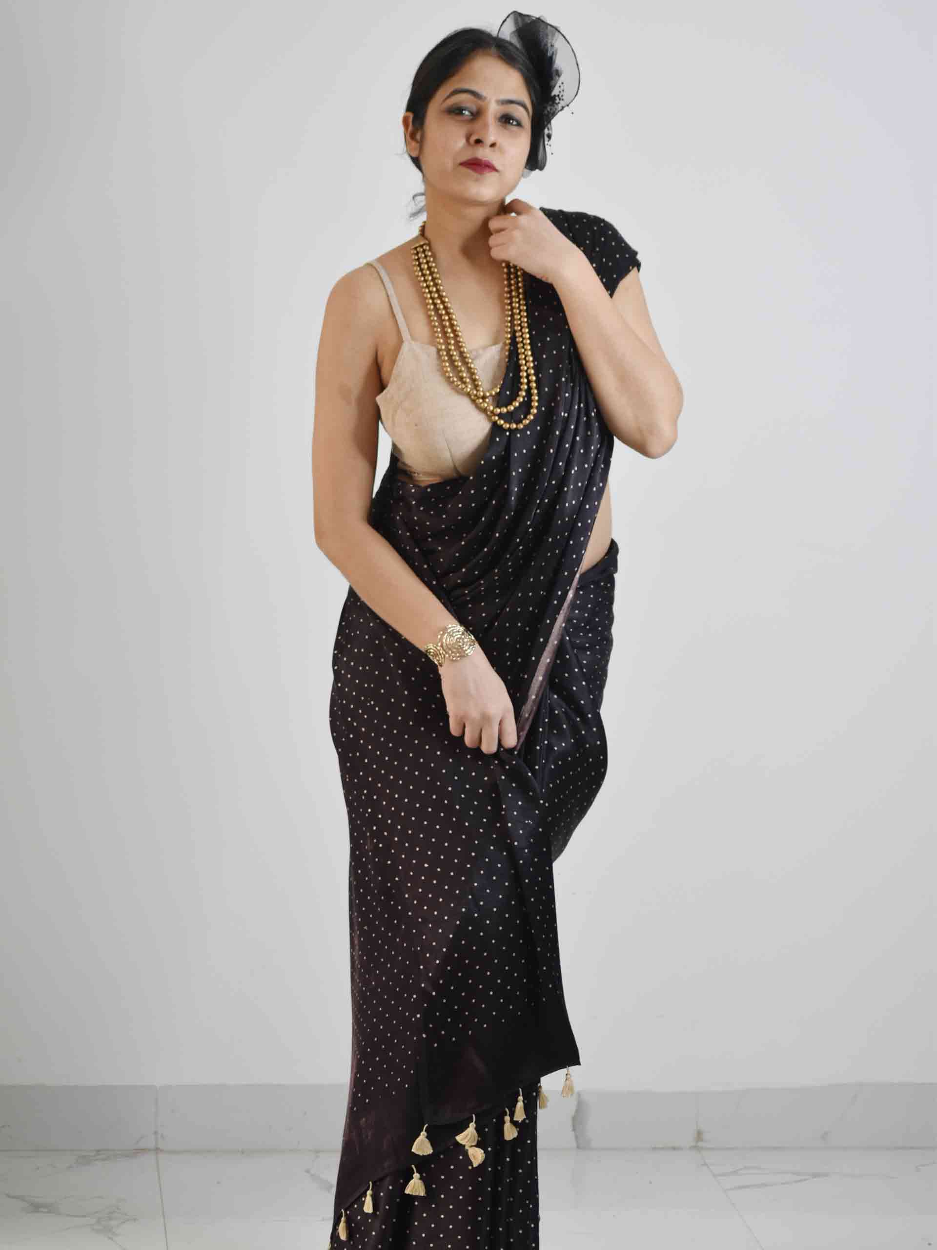 Buy Black Polka Ajrakh Mashru Silk Saree online