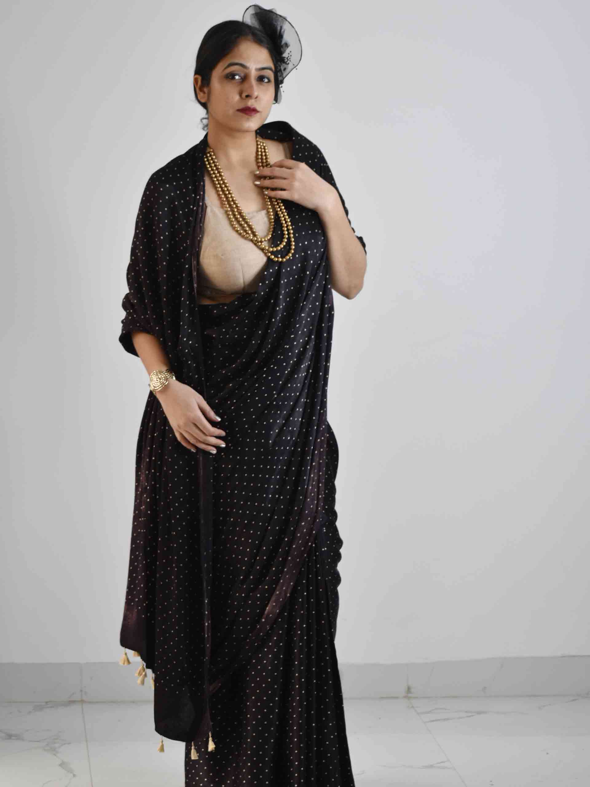 Buy Black Polka Ajrakh Mashru Silk Saree online