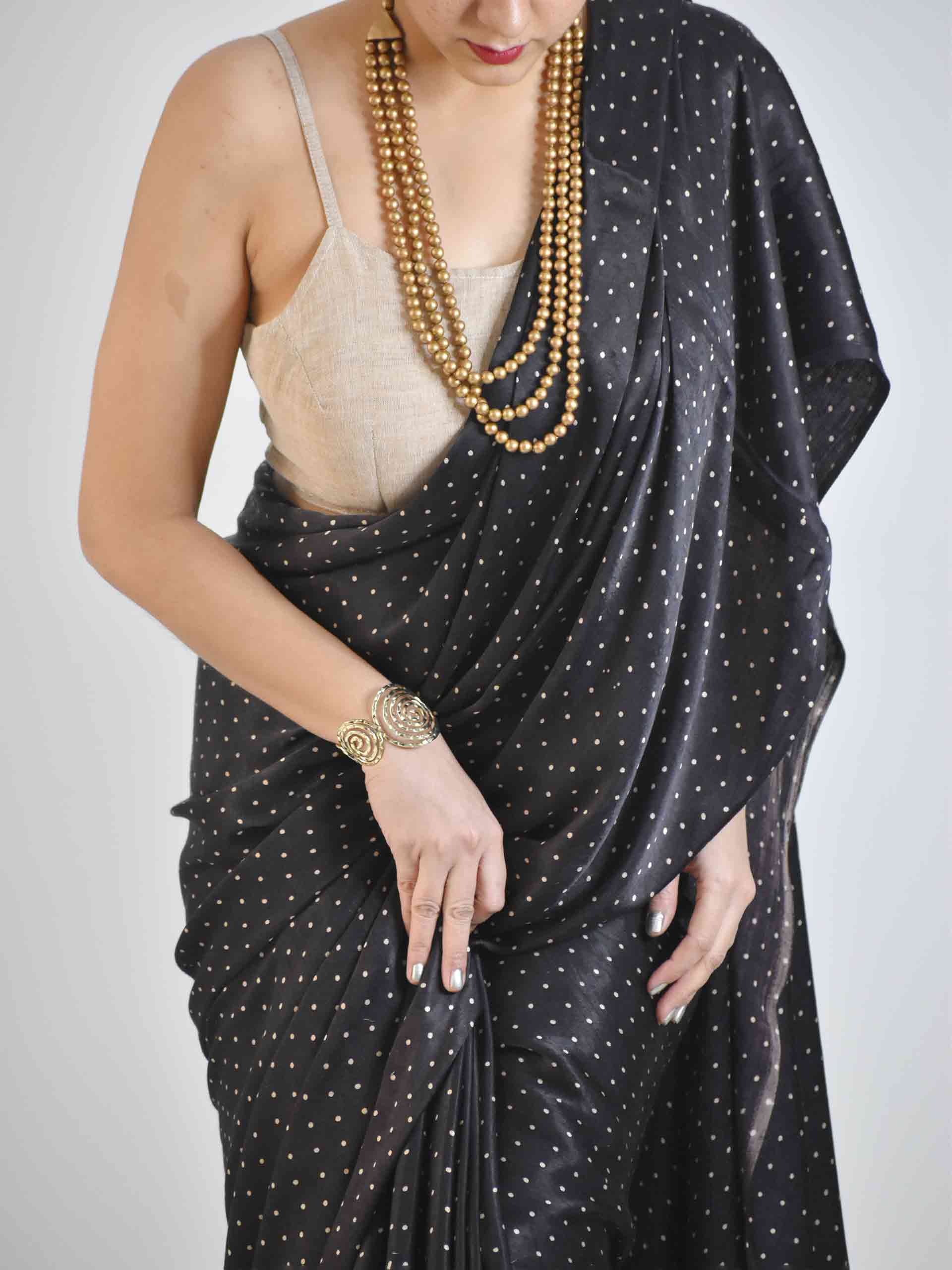 Buy Black Polka Ajrakh Mashru Silk Saree online