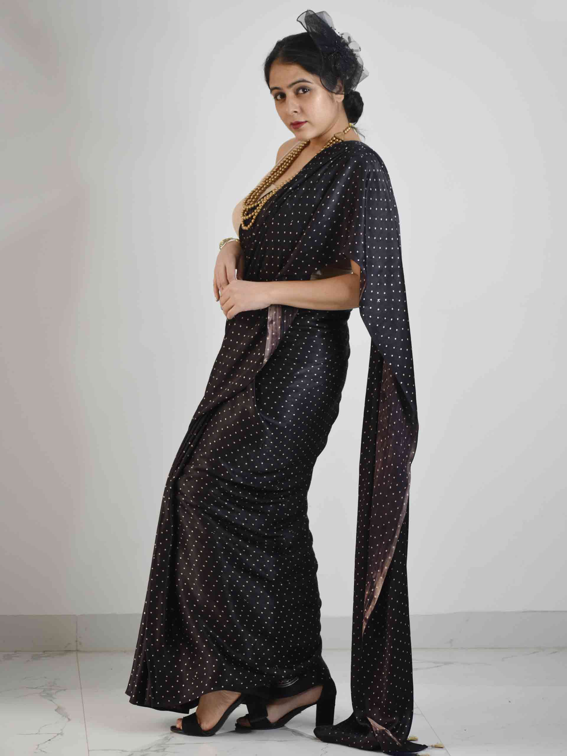 Buy Black Polka Ajrakh Mashru Silk Saree online